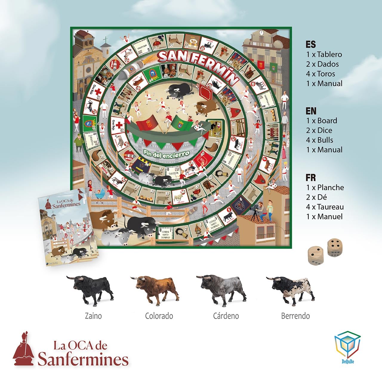 DeQube 924D00180 Jeu de l'oie de San Fermin – Comprend 4 Mini taureaux de Collecte et dés en Bois – Dimensions Plateau 50 x 50 cm