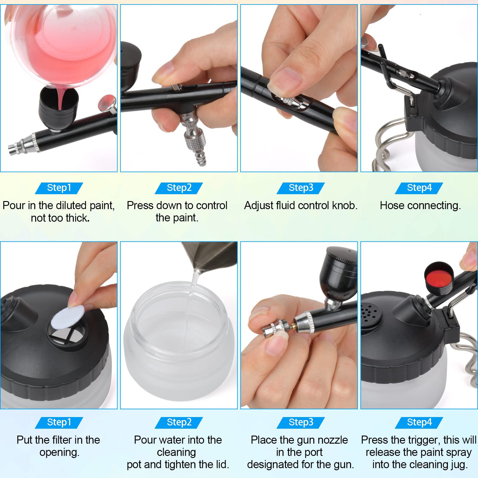 Pistola de aerógrafo con kit de limpieza de aerógrafo, kit de aerógrafo pistola de pulverización de agujas de 0,3 mm, alimentación por gravedad de doble acción, olla de limpieza de vidrio con soporte