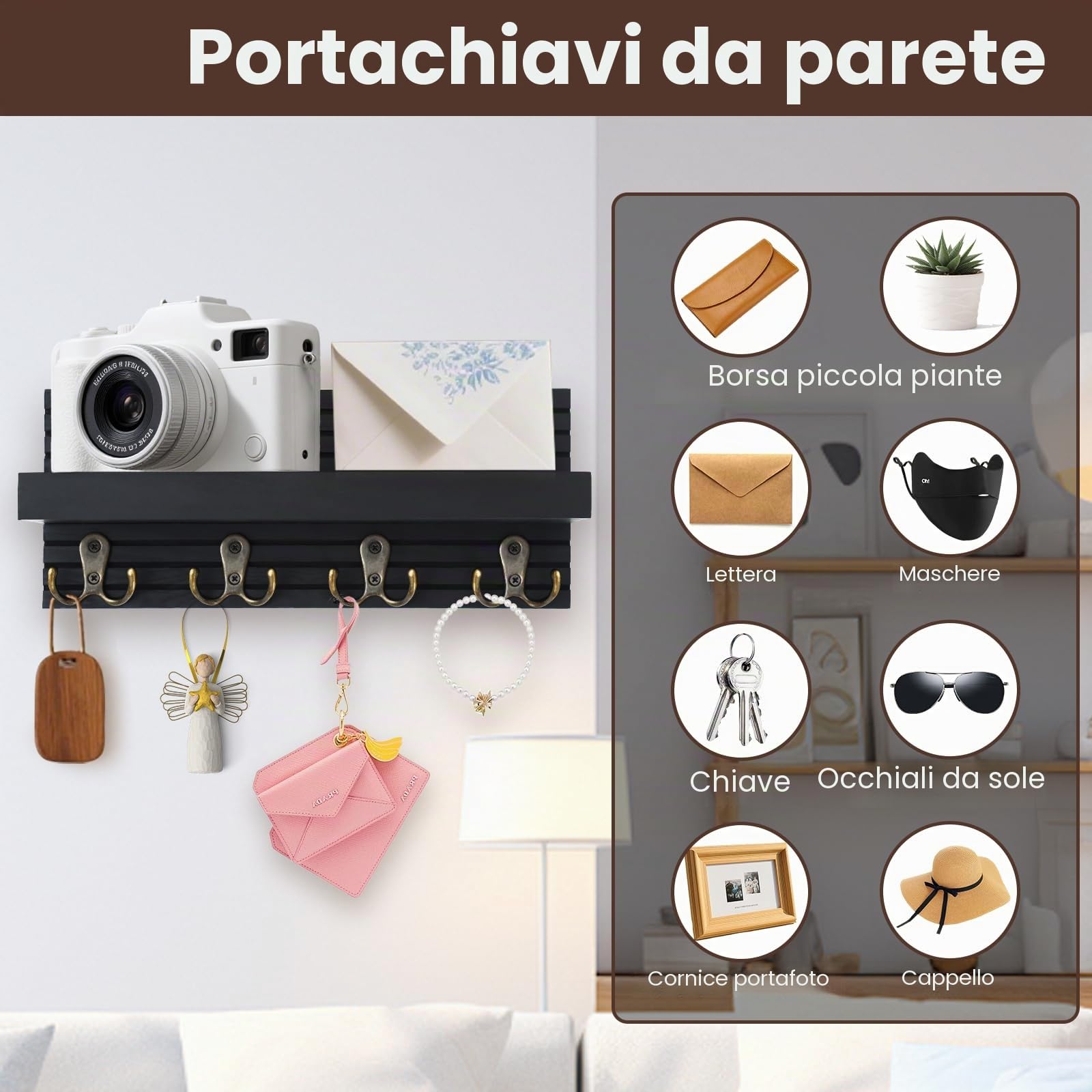 Portachiavi da Parete in Legno, Portachiavi da Muro con Ripiano, Porta Chiavi da Muro per Casa con 8 Ganci, Appendi Chiavi Home Decor, per Corridoio, Ingresso, Cucina, Bagno (Nero)