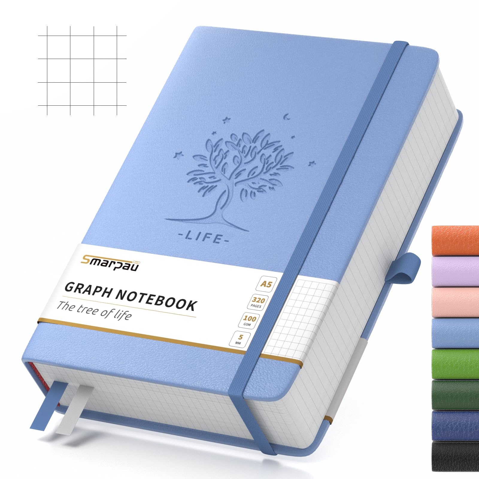 Smarpau Graph Paper A5 Notebook - 320 Pages Thick Squared Journal for Writing, 100GSM Grid Paper, Notebooks for Office School Work Women Men, 14.5 x 21cm, Light Blue