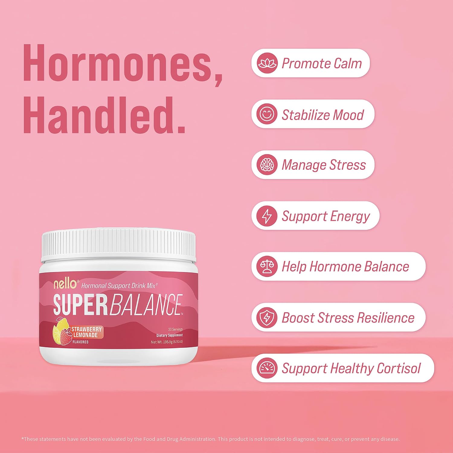 Nello Superbalance Hormonal Support Drink Mix, SRI-81 Shatavari, Myo-Inositol, Rhodiola Rosea, Vitamin C, Magnesium, Theobromine (30 Servings, Strawberry Lemonade)