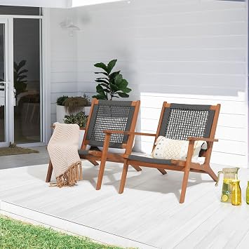 Verano Garden Modern Acacia Wood Lounge Chair Set of 2, Accent Armchair with Handwoven Rope for Living Room, Bedroom, Patio, Balcony-Beige/Black Grey