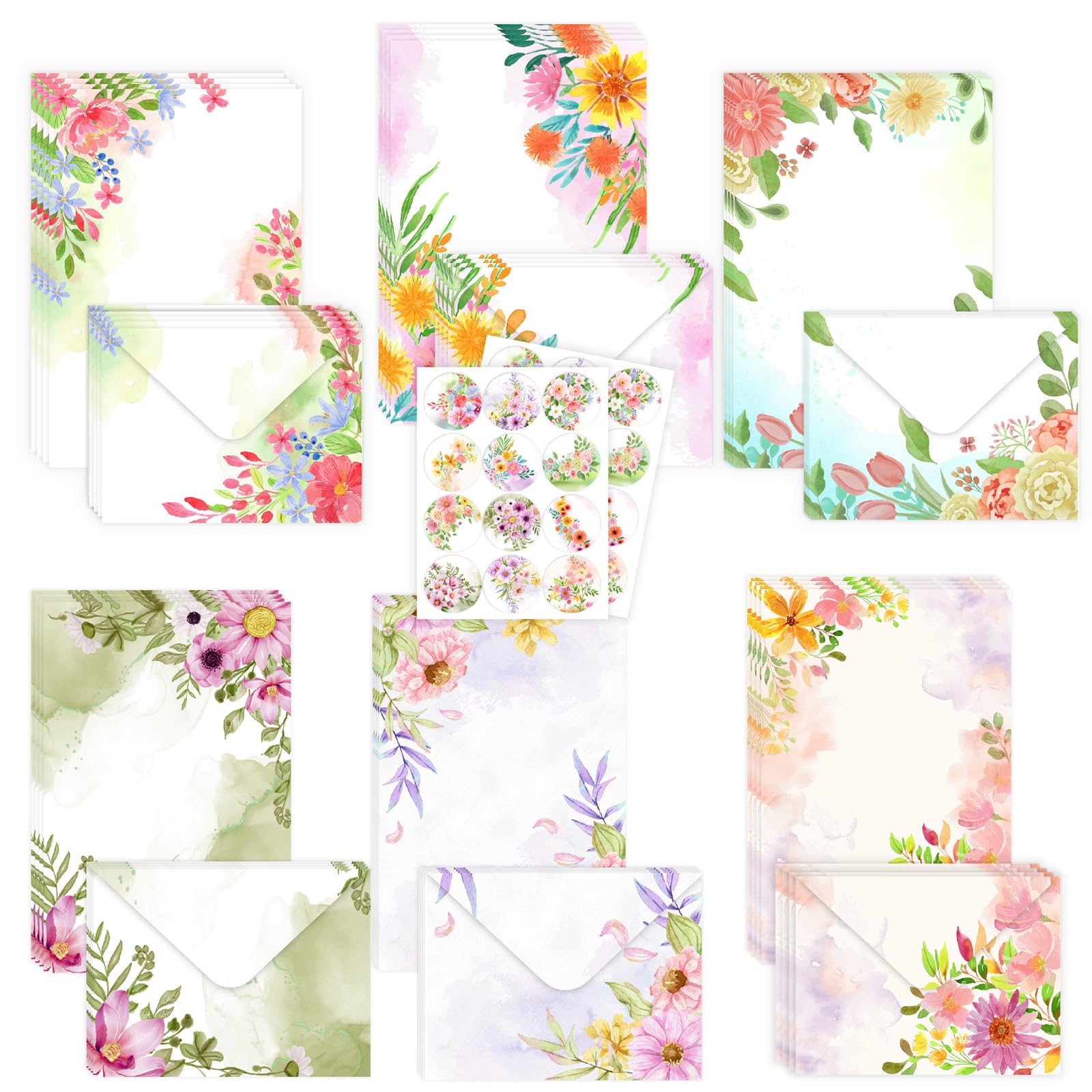 72pcs Watercolour Floral Letter Writing Set, 24 Flower Writing Paper with 24 Matching Envelopes and 24 Sealing Stickers, Coloured Stationery Sets for Women Girls, for Love Letter,Notelets,Invitations