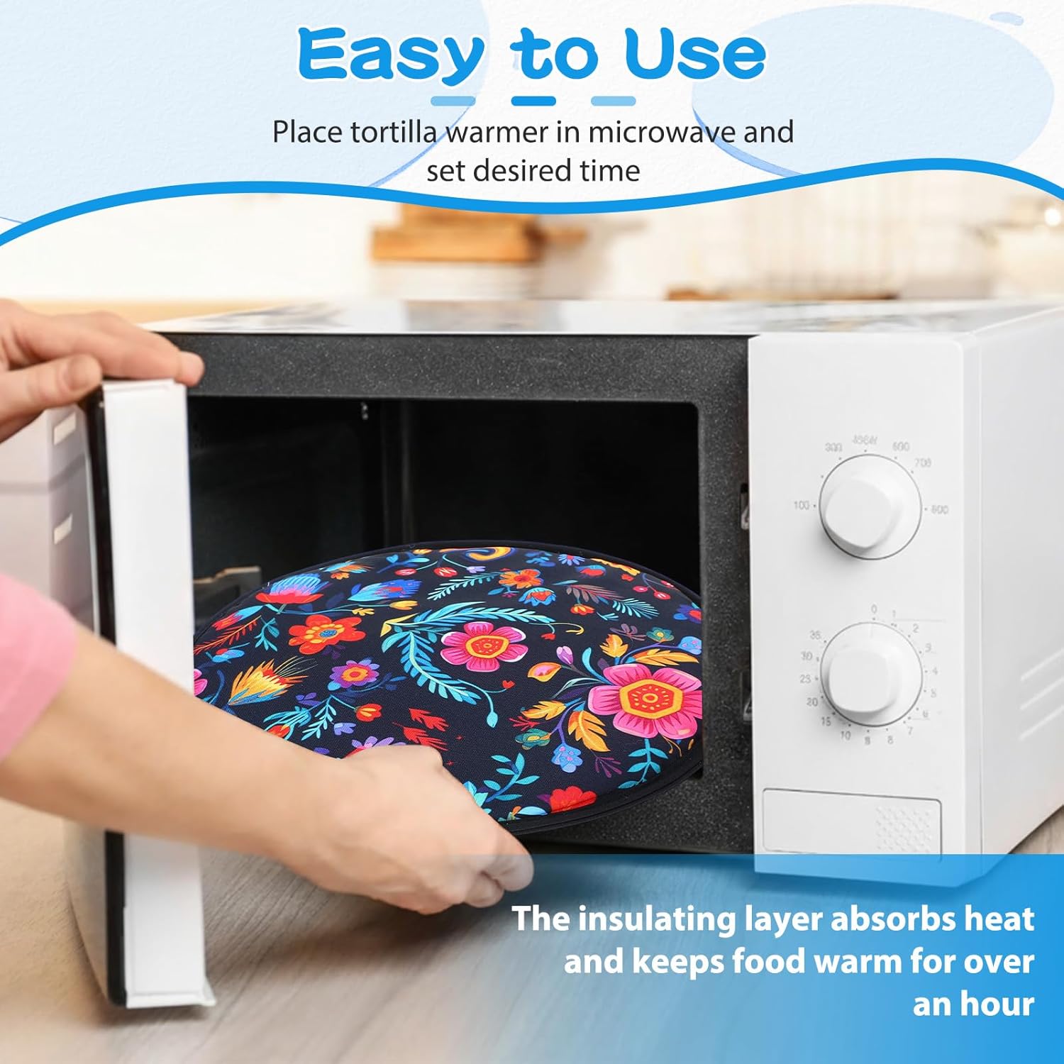 Honeydak 2 Pcs 12 Inch Tortilla Warmer Pouch Microwavable Fabric Insulated Cloth Pouch Tortilla Holder Keeps Warm for Tortillas Tacos Naan and Pizza Rolls(Mexican Flowers) - Image 4