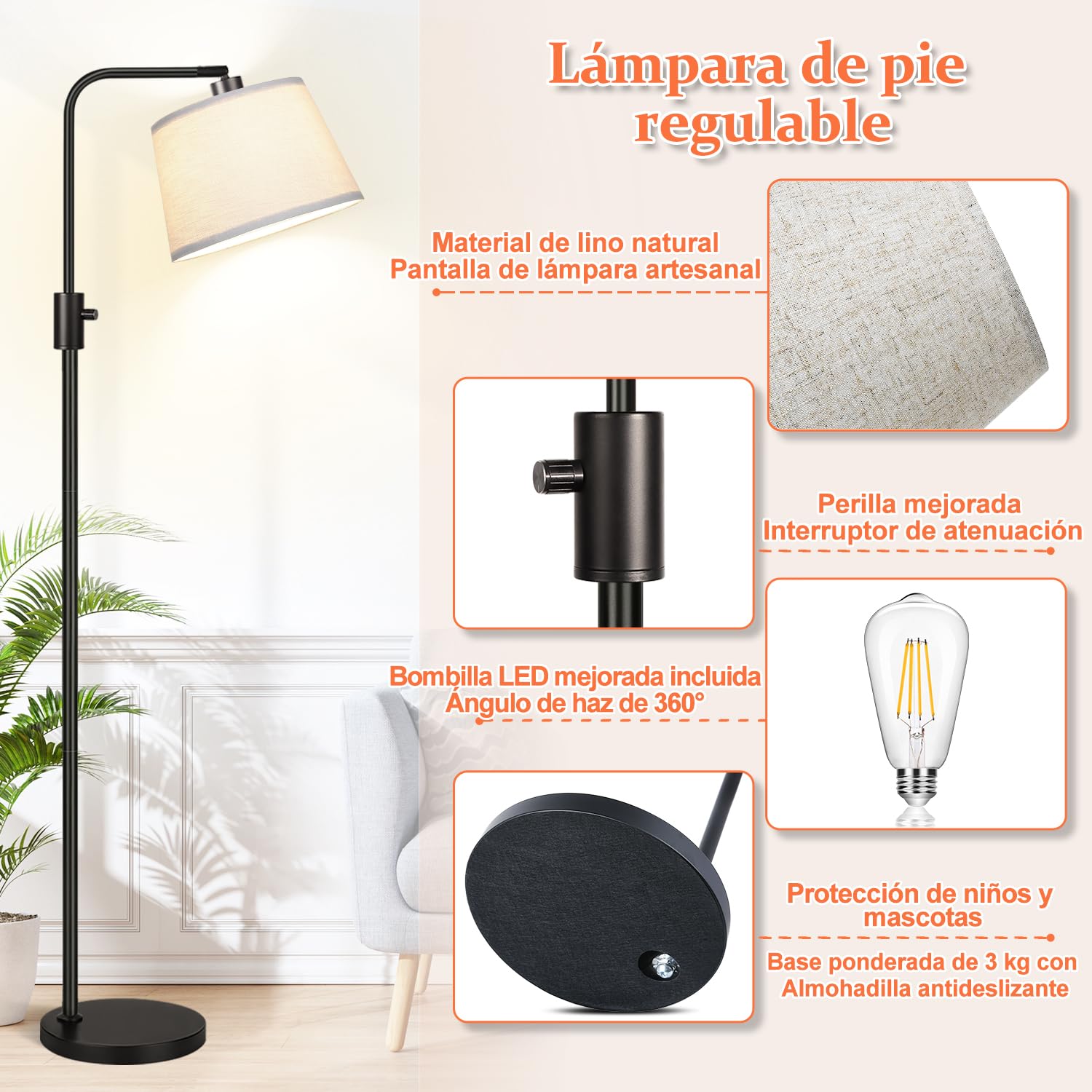 Nintiue Lampara de pie salon, Bombilla LED de 1000 lm incluida, 165cm lampara de pie regulable con Pantalla Ajustable, lamparas de pie de arco para Dormitorio y Oficina
