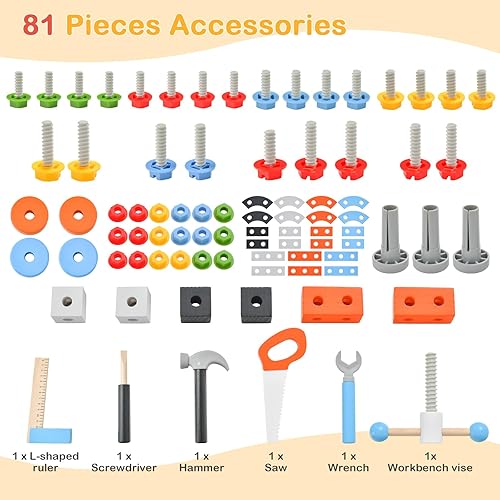 Miniatura 6 de INFANS Juego de banco de herramientas para niños pequeños, banco de trabajo de madera para niños con pizarra, herramientas de construcción y 75