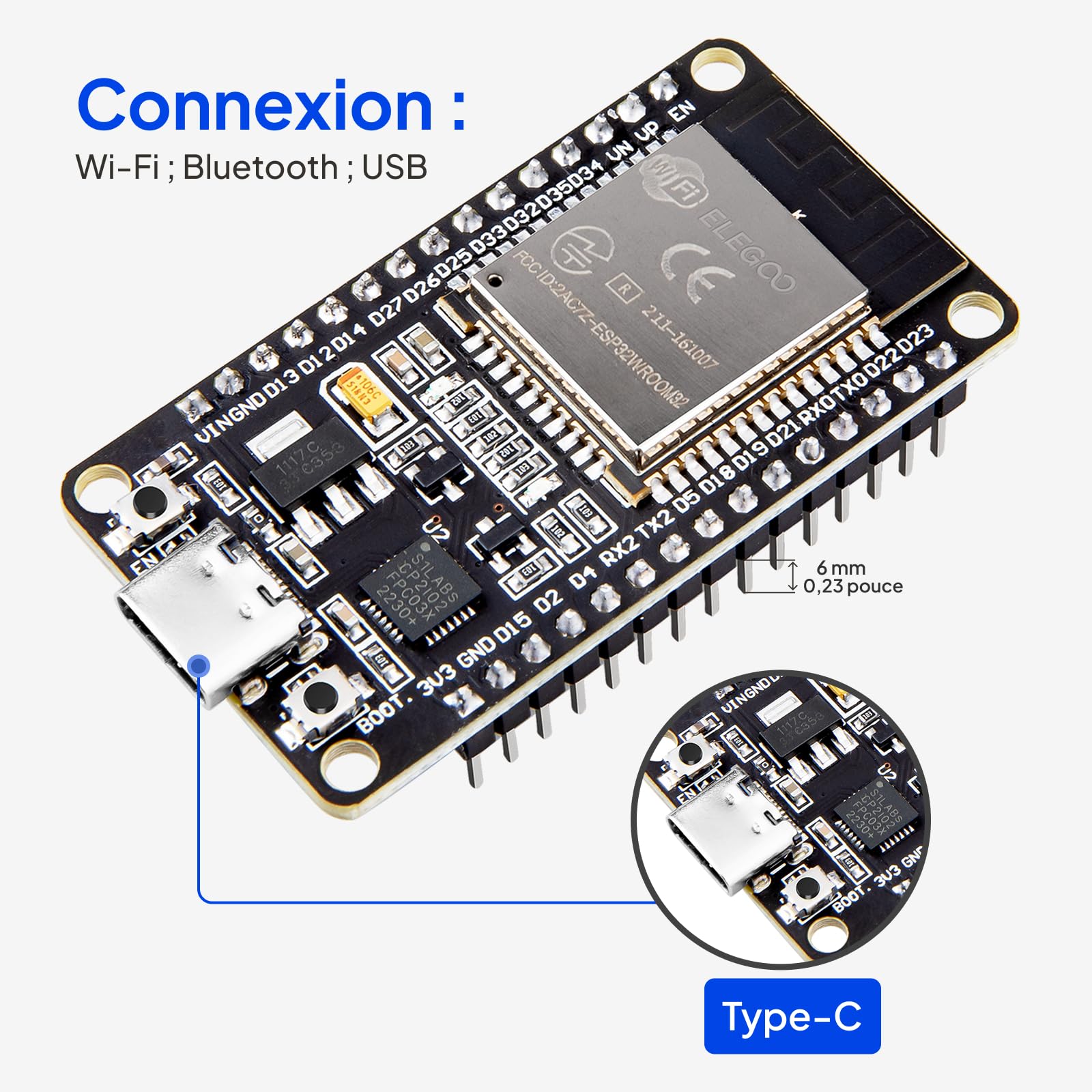 ELEGOO Carte Starter Kit de Démarrage ESP-32 avec Tutoriel et Carte de Développement Microcontrôleur Double Cœur USB-C Prise en Charge AP/STA/AP+STA, Compatible avec Arduino IDE