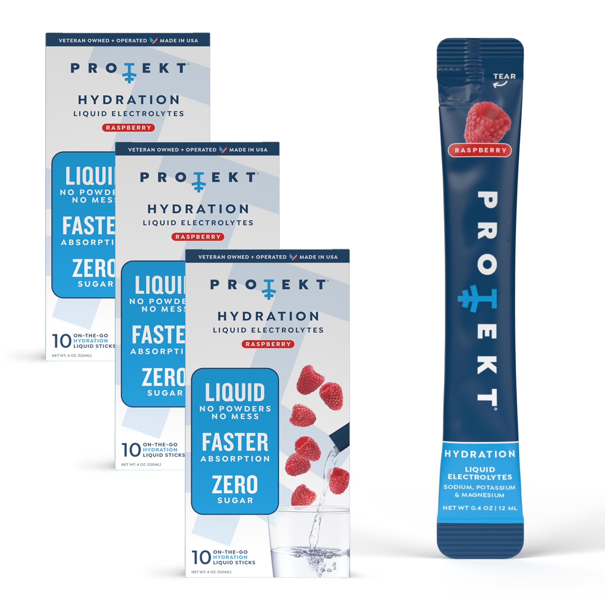 PROTEKT Electrolyte Packets for Recovery & Hydration | Organic & Sugar-Free Electrolytes Drinks | Works Faster Than Powder Drink | On-The-Go Liquid Hydration Drink | Raspberry, 30 Pack