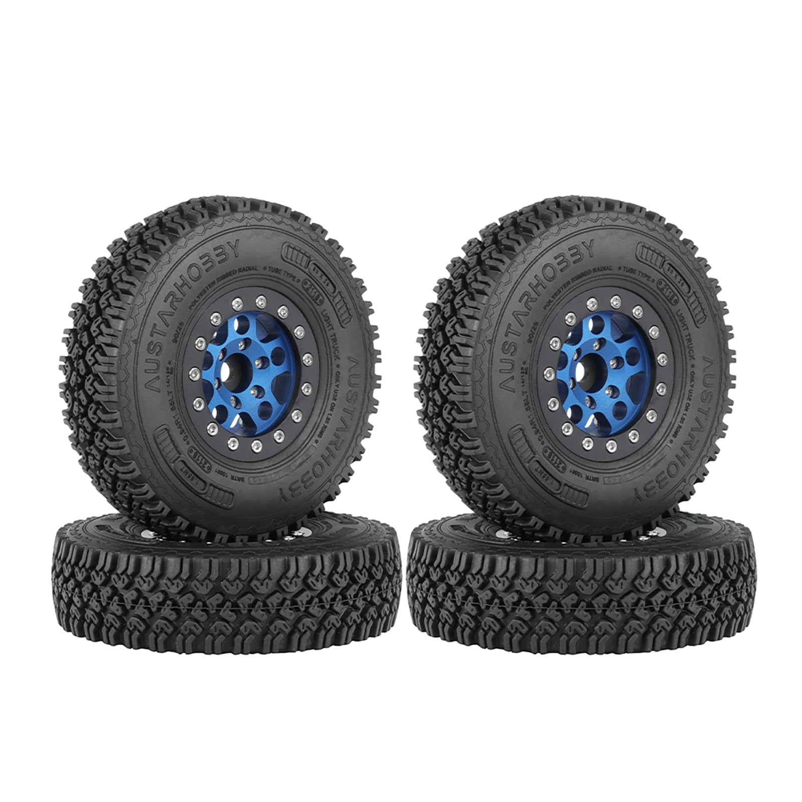 KINGCOO 4PCS 1.55Inch Aluminum Alloy Metal 5Spoke Beadlock Wheel Rims and Rubber Tires Set for 1/10 RC Rock Crawler Car for Axial AX90069 UTB18 D90 TF2 Tamiya Upgrade Parts (Blue, 90MM)