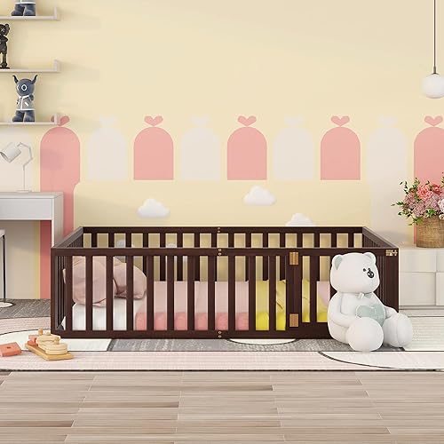 Miniatura 78 de P PURLOVE Cama de suelo de madera tamaño Queen, marco de cama con barandilla en forma de valla y puerta que se puede cerrar para niños y niñas,