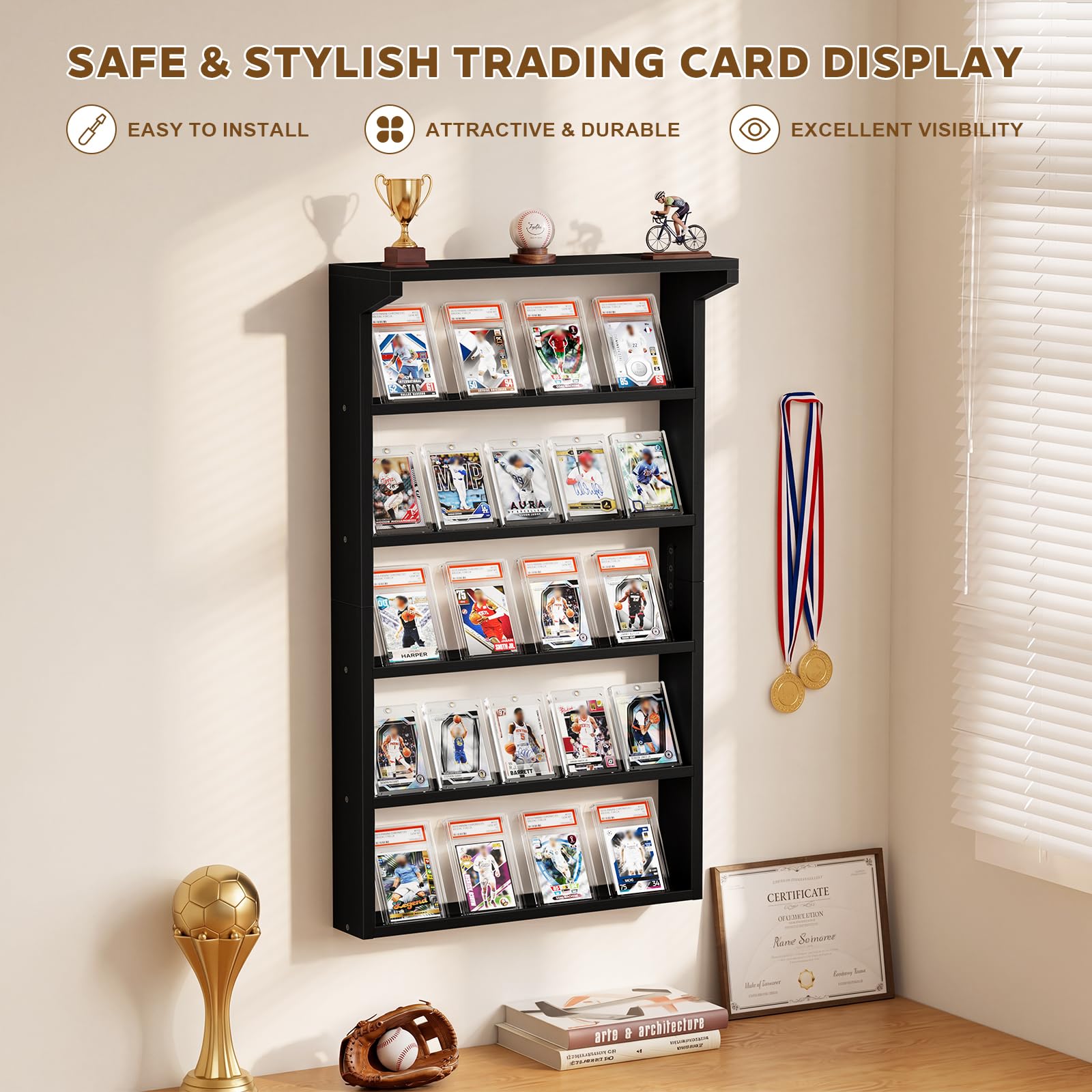 Espositore per carte collezionabili da parete, 5 ripiani, grande, in legno, con ripiano superiore, espositore per carte sportive, collezione di carte da baseball, basket, calcio (nero)
