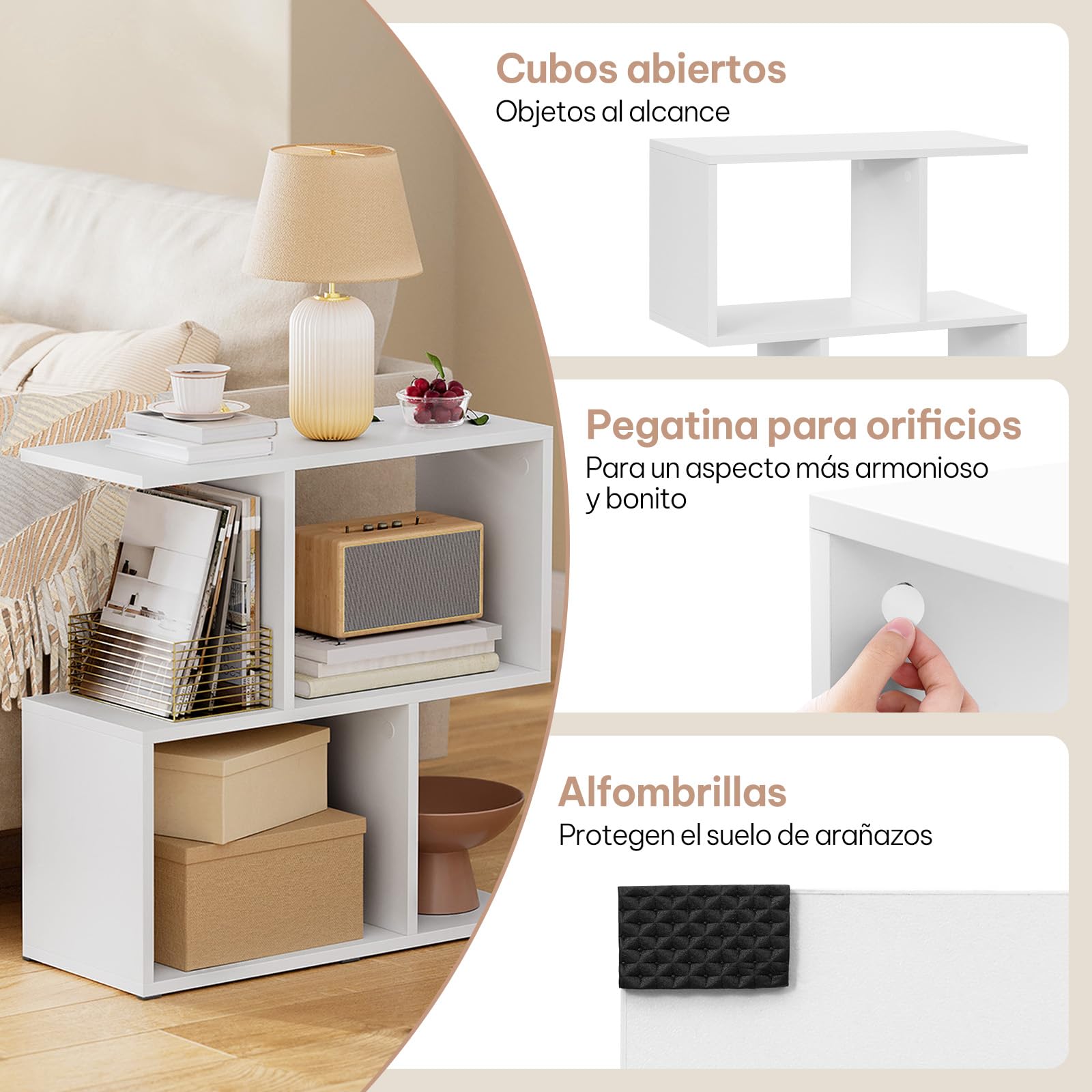 eSituro Tavolino da Salotto a Forma di S, Tavolino Laterale da Divano Moderno, Tavolino da Caffè per Soggiorno, Balcone, Studio, Camera da Letto, con 3 Ripiani e 4 Scomparti, Bianco