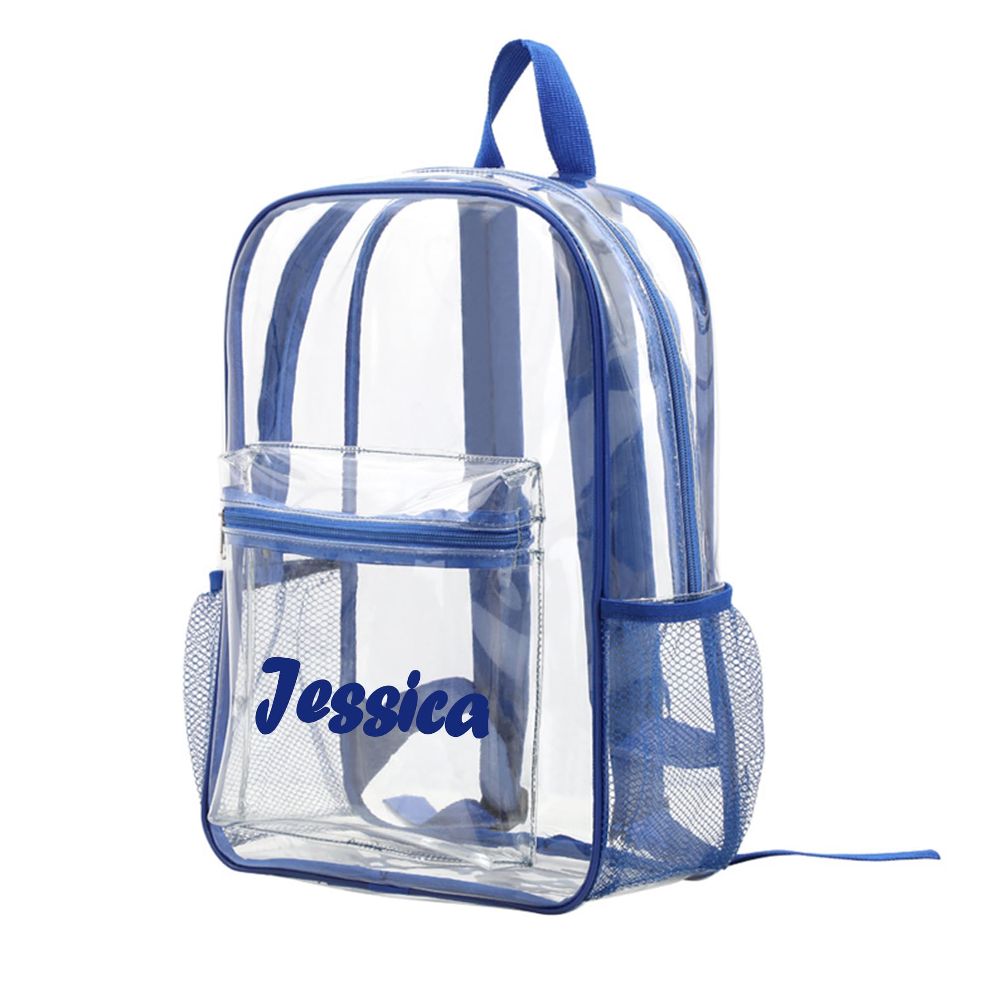 Cooayyaooc Personalized Clear Backpack Customized Name, Custom See Through Backpack Clear Bookbag for College Workplace Sport Events, Blue