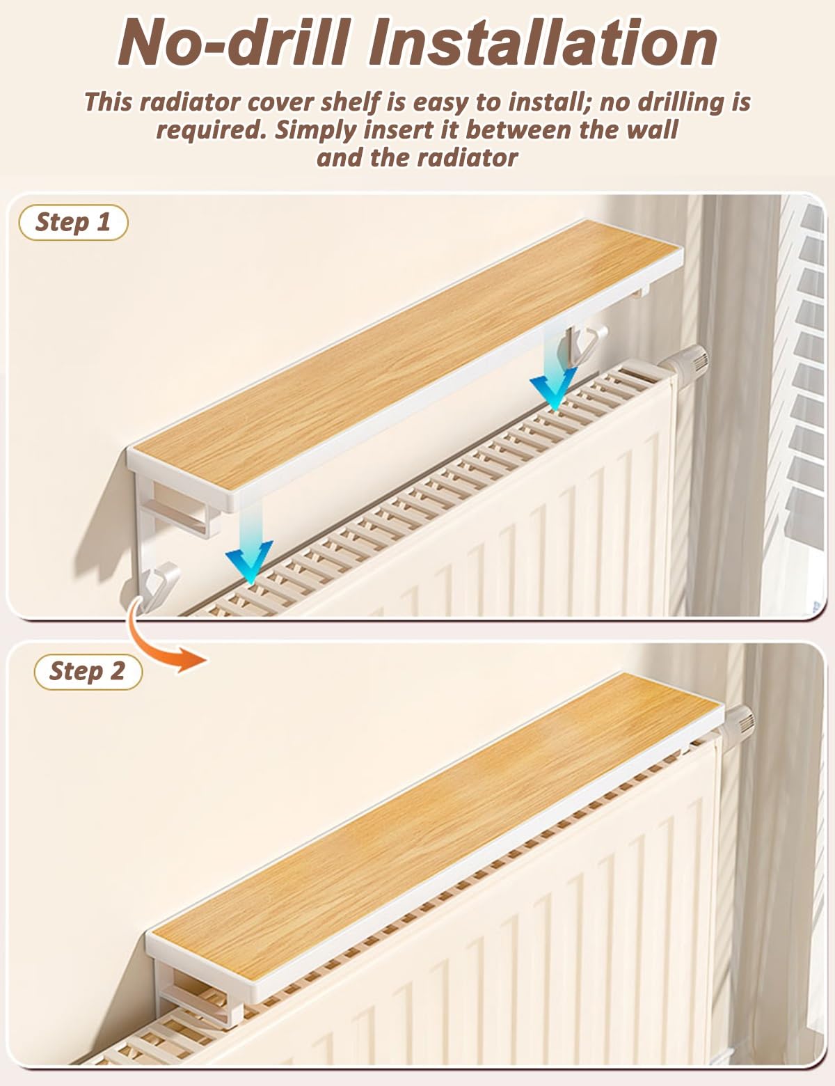 Mensola sospesa in legno senza trapano per termosifoni, bordi arrotondati, 40/50/60 cm, soluzione per riporre il riscaldamento, antipolvere, design salvaspazio (bianco, 40 cm)