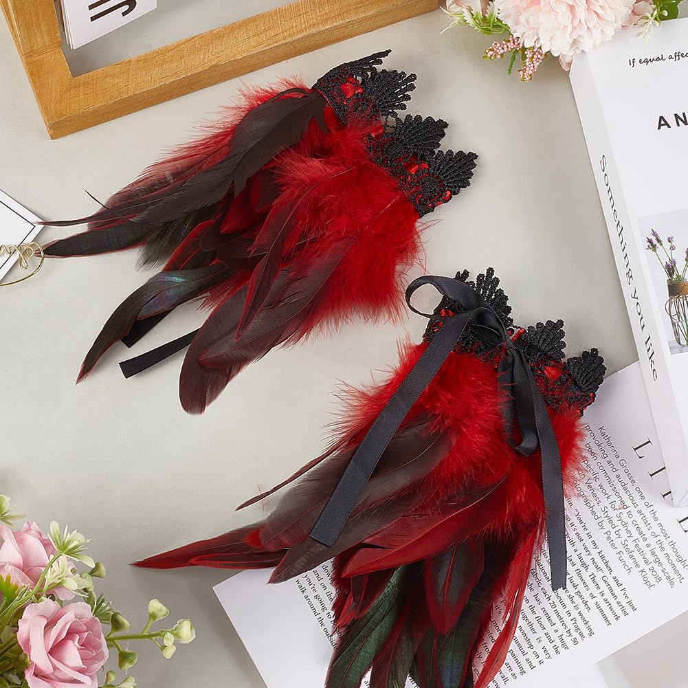 CABODYALS 1 Pair Red Feather Wrist Cuffs Novelty Lace Gloves Floral Angel Wings Bracelets Gothic Mesh Wristband Swan Witch Arm Sleeve for Women Cosplay Halloween Party Performances Costume Accessories - Image 3