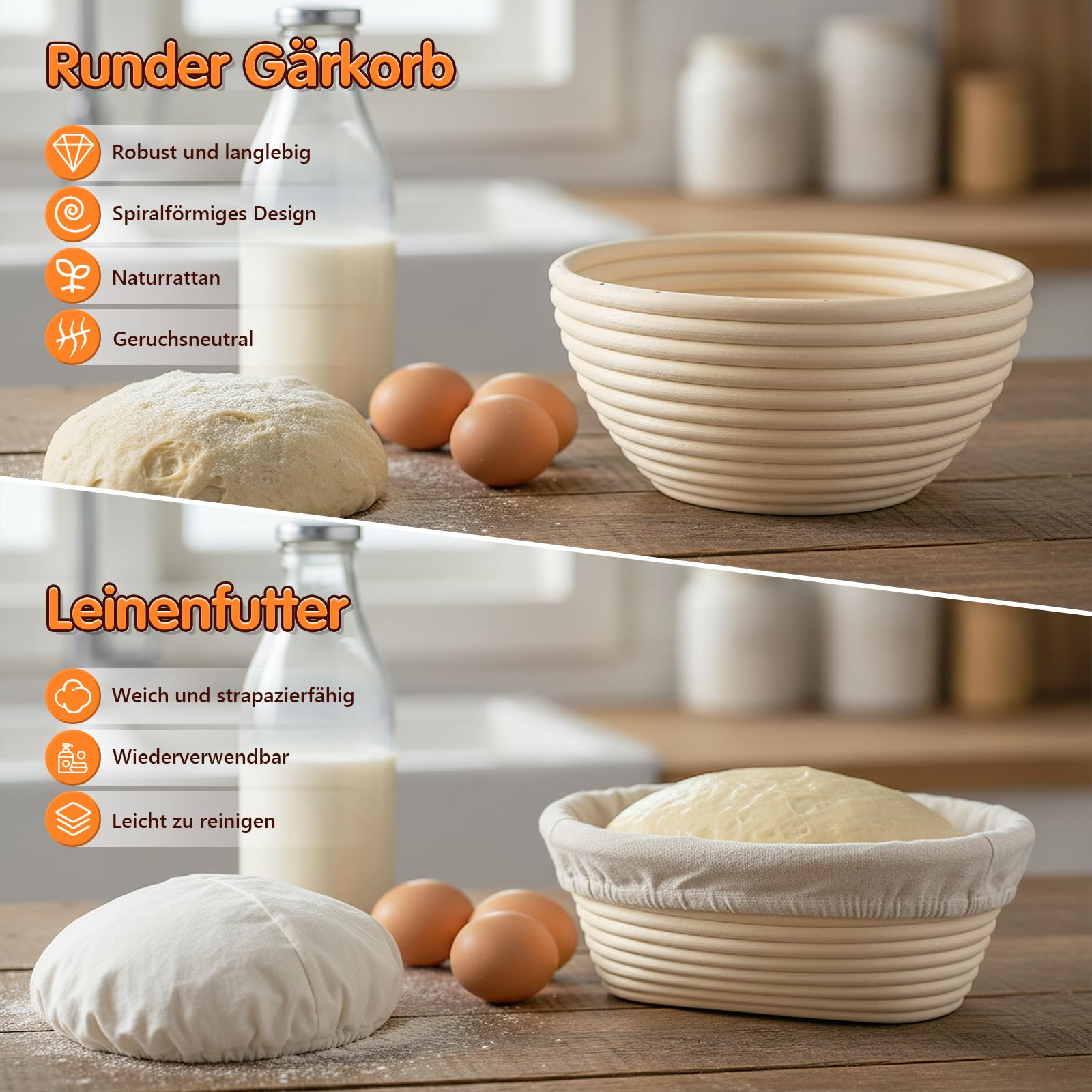 Gärkörbchen Set mit 2 Natürliches Rattan Gärkorb(23cm Runde & 25cm Ovale),Sauerteig Starter Set,Komplettes Brot Backen Zubehör für Anfänger und Erfahrene