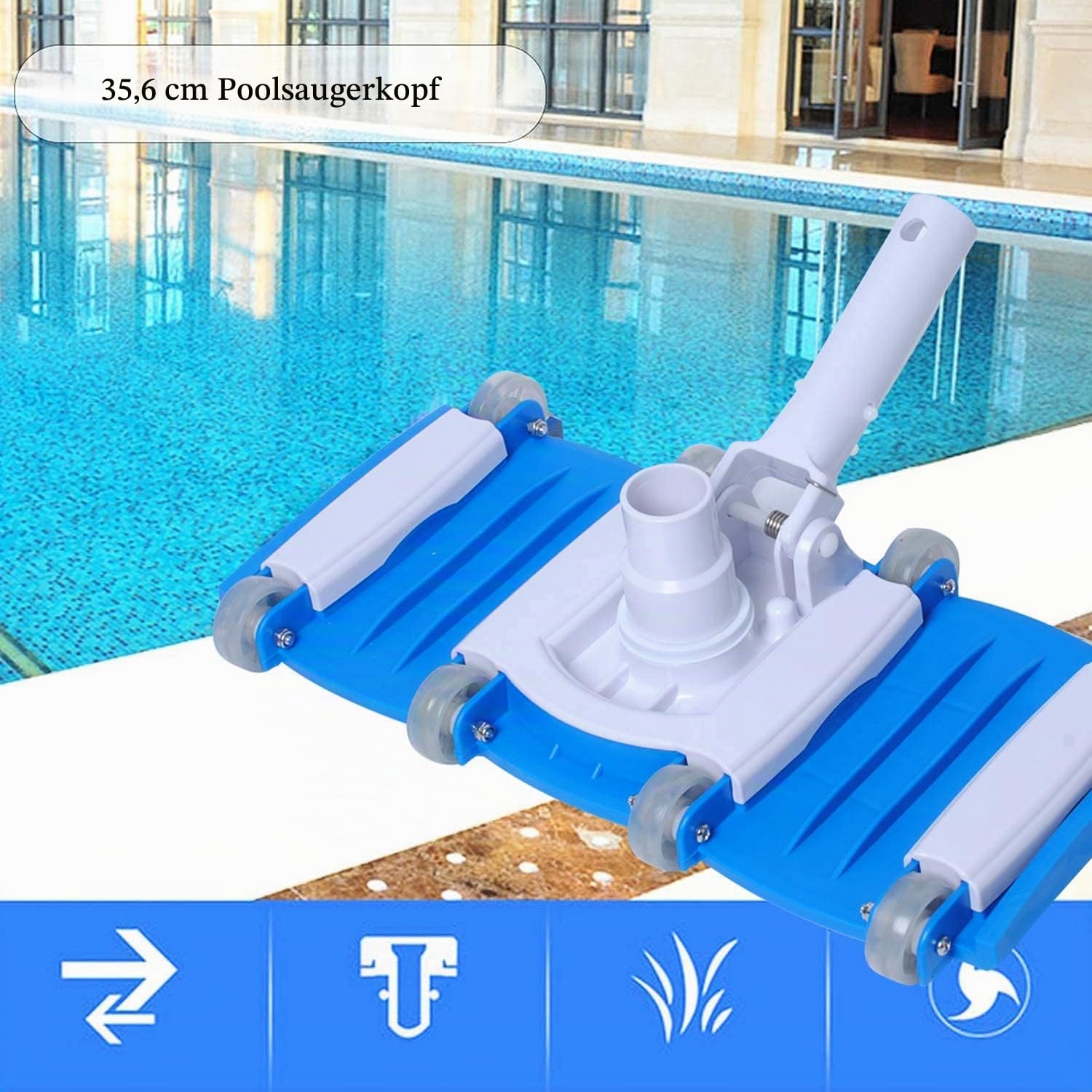 Pool Bodensauger, Manueller Poolreiniger, Bürstenkopf für Poolsauger mit 35,6 cm (14 Zoll) mit Rädern, Flexibler Saugkopf für Vergrabenes Pool von Poweka