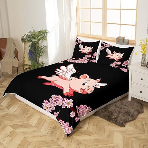 Miniatura 2 de Flying Pig Duvet Cover Queen Size Cartoon Pig Comforter Cover with 2 Pillowcase for Teens Adults Kids Cherry Blossoms Bedding Set Pink Animals