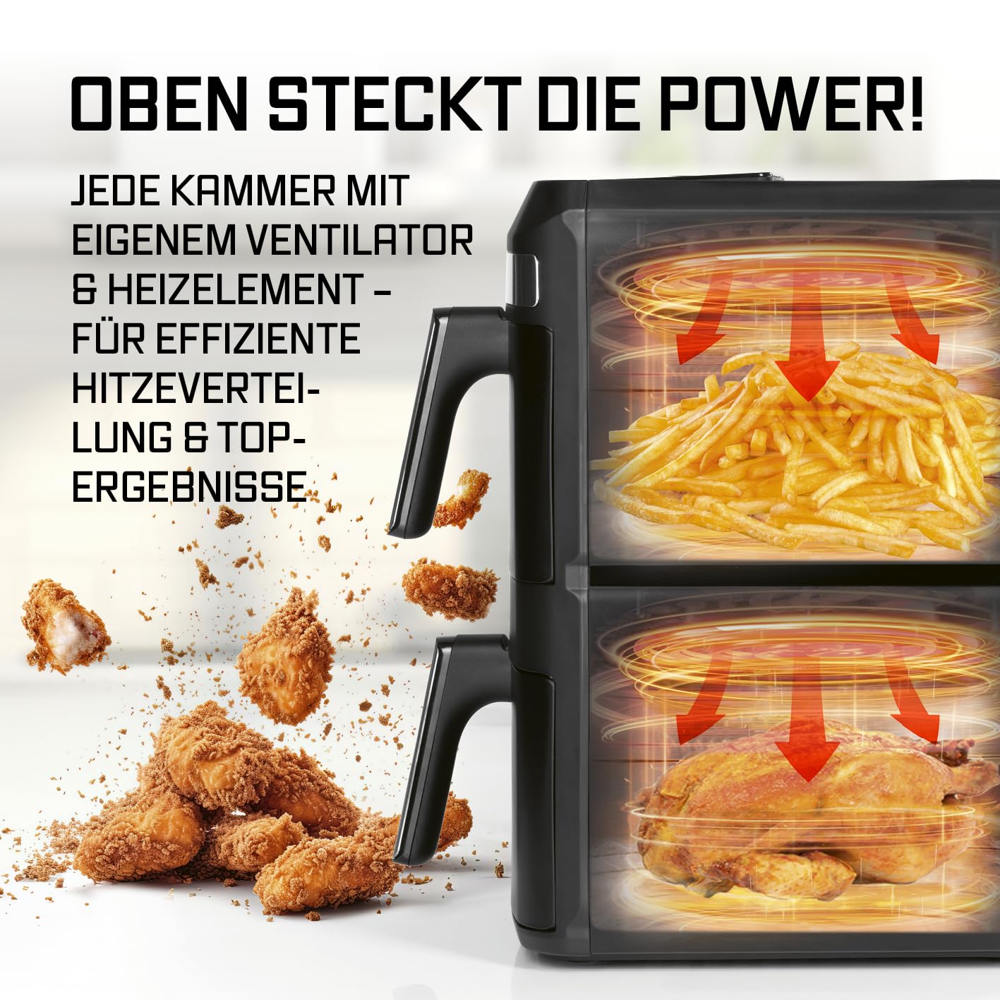GOURMETmaxx FryUp XL vertikale Doppelkammer Heißluftfritteuse mit Sichtfenster - 12 L | Airfryer mit 9,6 Zoll Multi-Colour LED-Touchdisplay & 12 Programmen | Heißluftfritteuse 2 Kammern mit Oberhitze