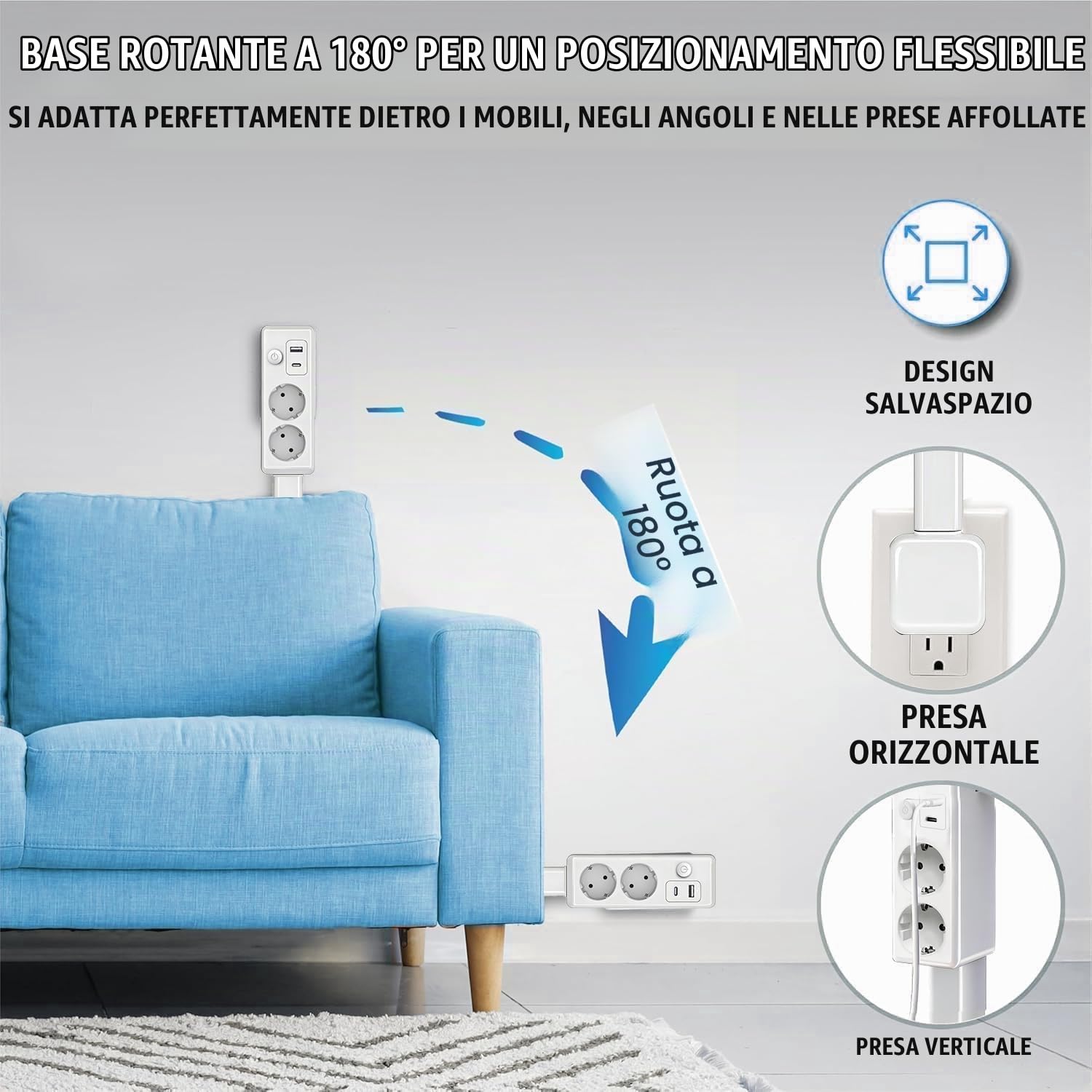 Ciabatta elettrica estensibile girevole con 2 prese UE e porte USB, 48-71 cm per spazi ristretti e dietro mobili