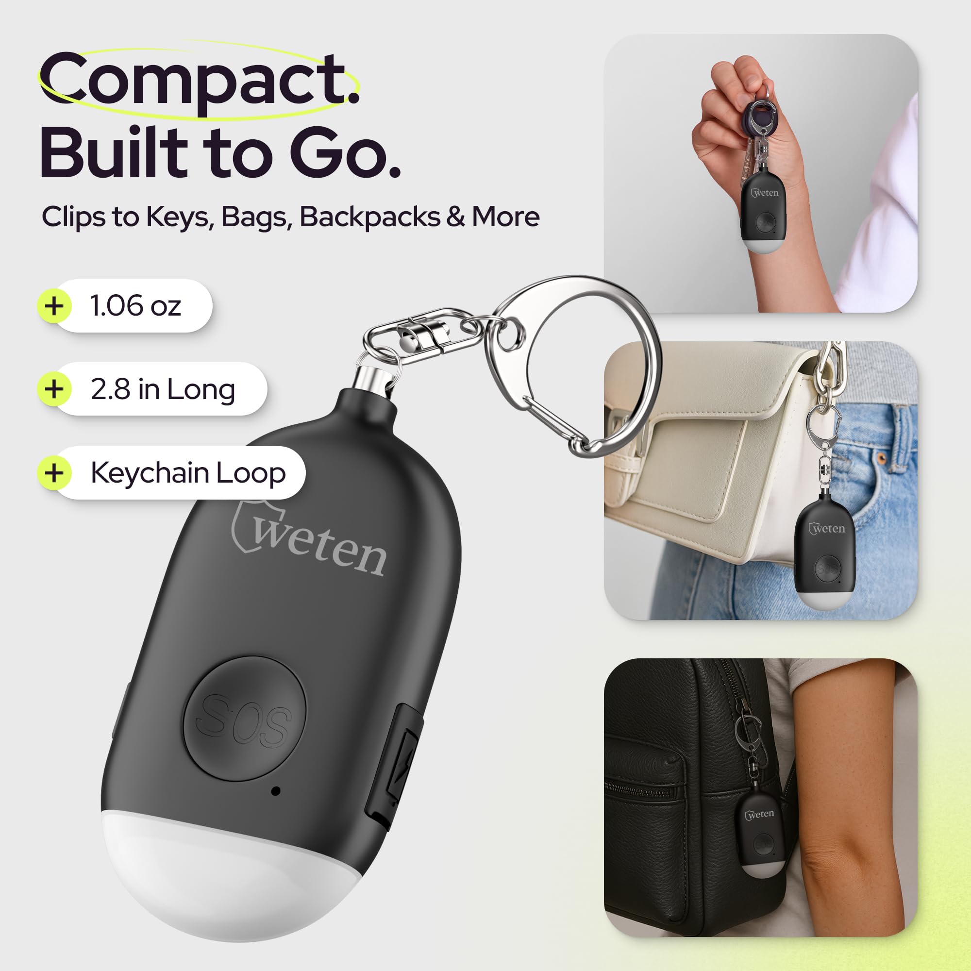 Weten Rechargeable Personal Alarm Keychain - 130dB Siren & LED Light - Stylish Personal Safety Alert for Women to Carry - Panic Button Alarm for Security - Rape Whistle for Self Defense (Black)