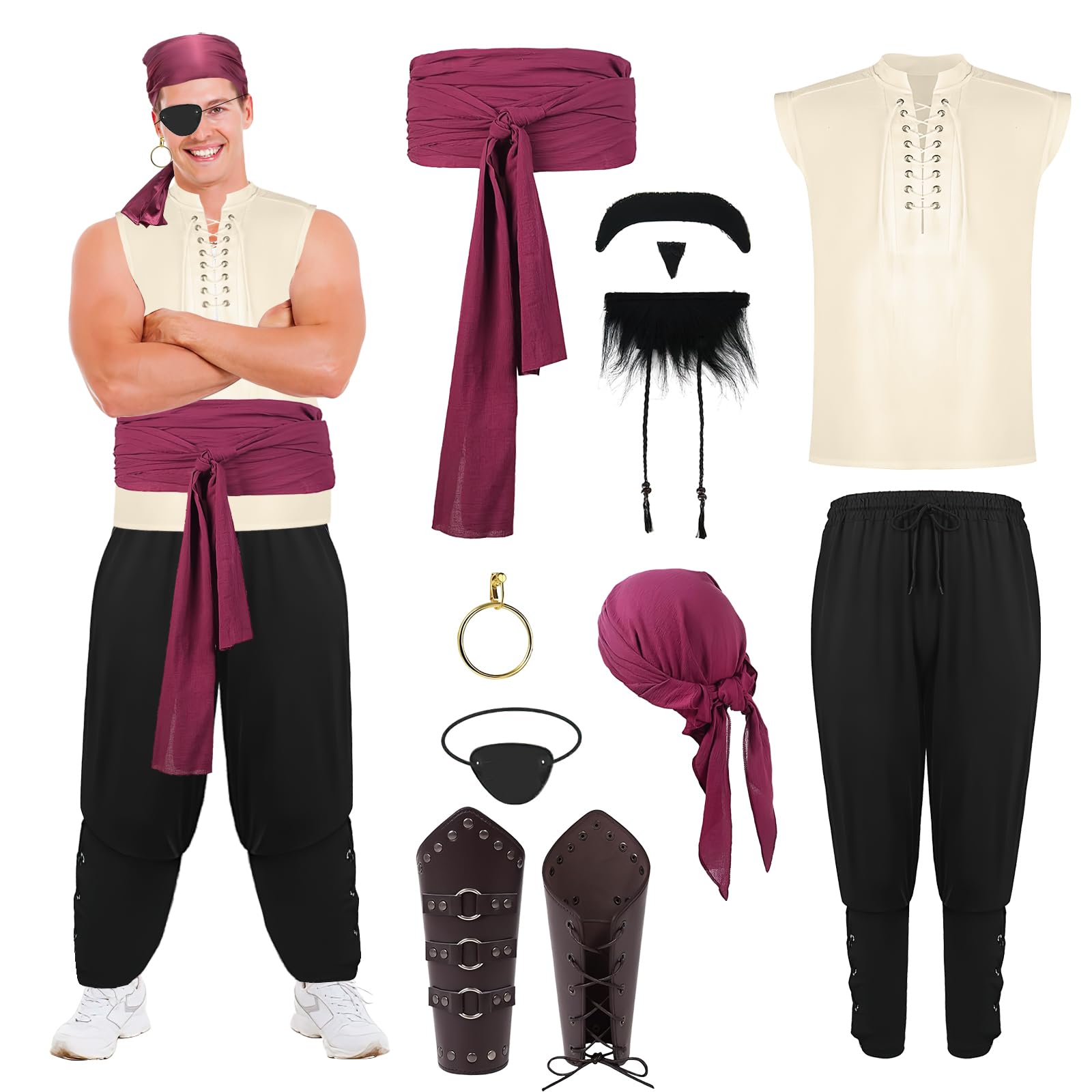 8 Pcs Men Pirate Costume Set, Adult's Halloween Renaissance Medieval Viking Shirt with Pants Viking Sash Belt Eye Patch Earrings Headscarf Arm Guards Beard for Carnival Cosplay Party