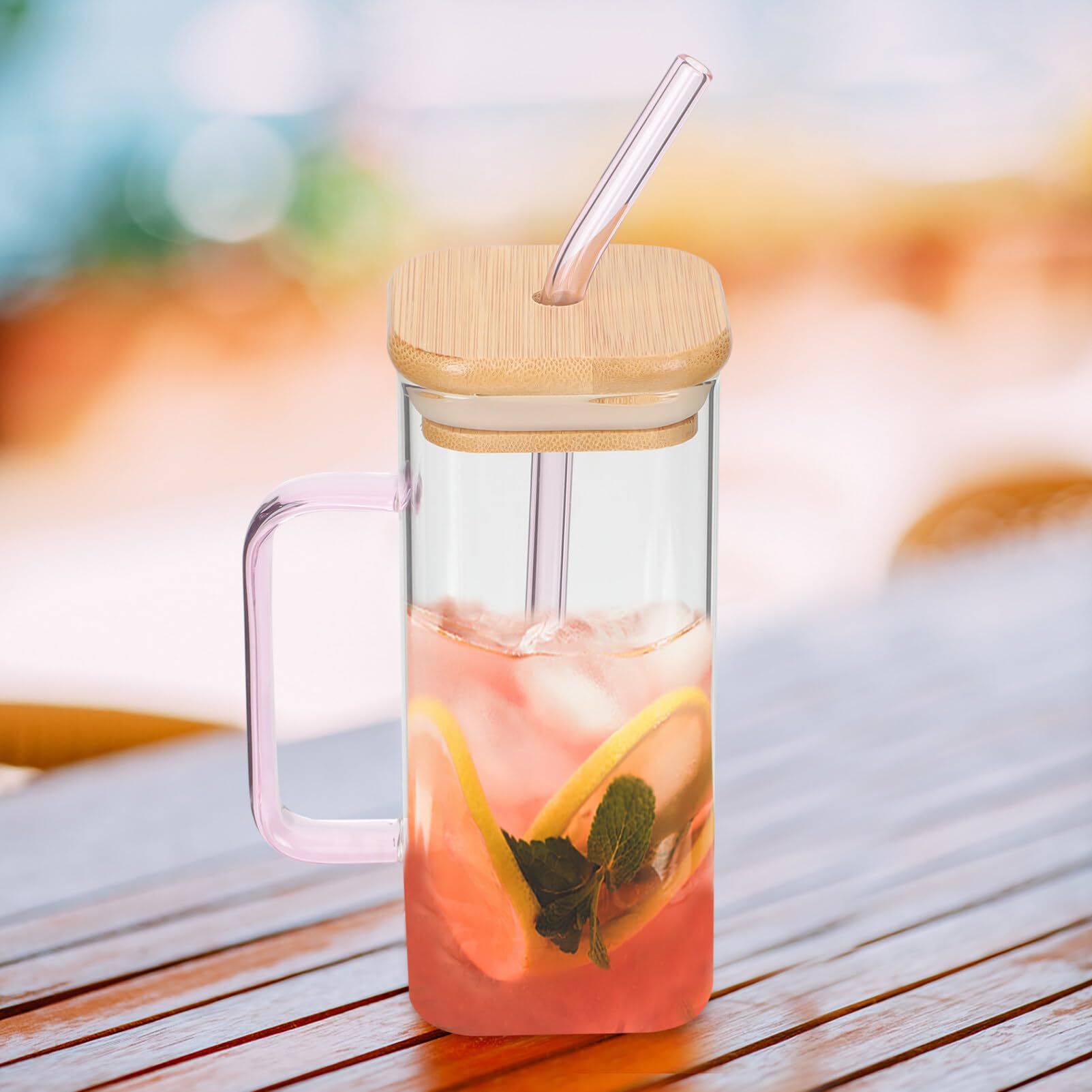 Luxshiny Tazas rectangulares de vidrio con pajilla con tapas, vasos cuadrados con asa, tapa de bambú, vasos de café helado transparentes para el hogar, accesorios de cocina, botella de agua rosa
