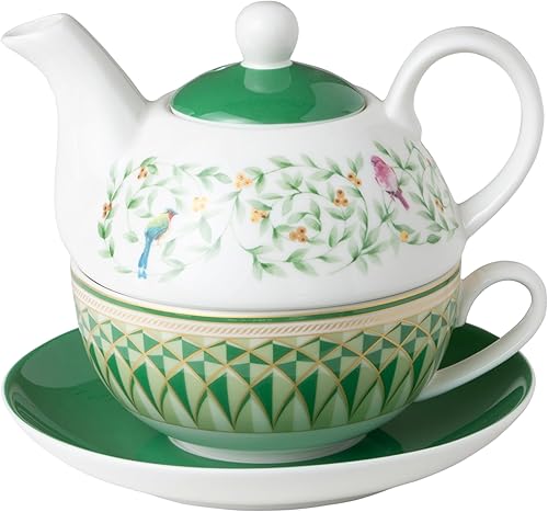 Miniatura 1 de Té de porcelana de 4 piezas para uno (pájaros florales verdes Geo Florales)