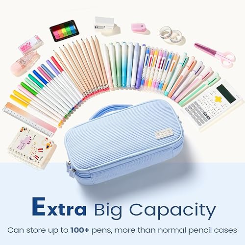 Miniatura 3 de Sooez Estuche grande para lápices, bolsa de pana suave con asa, lindo estuche para bolígrafos, 5 compartimentos, organizador de amplia apertura para