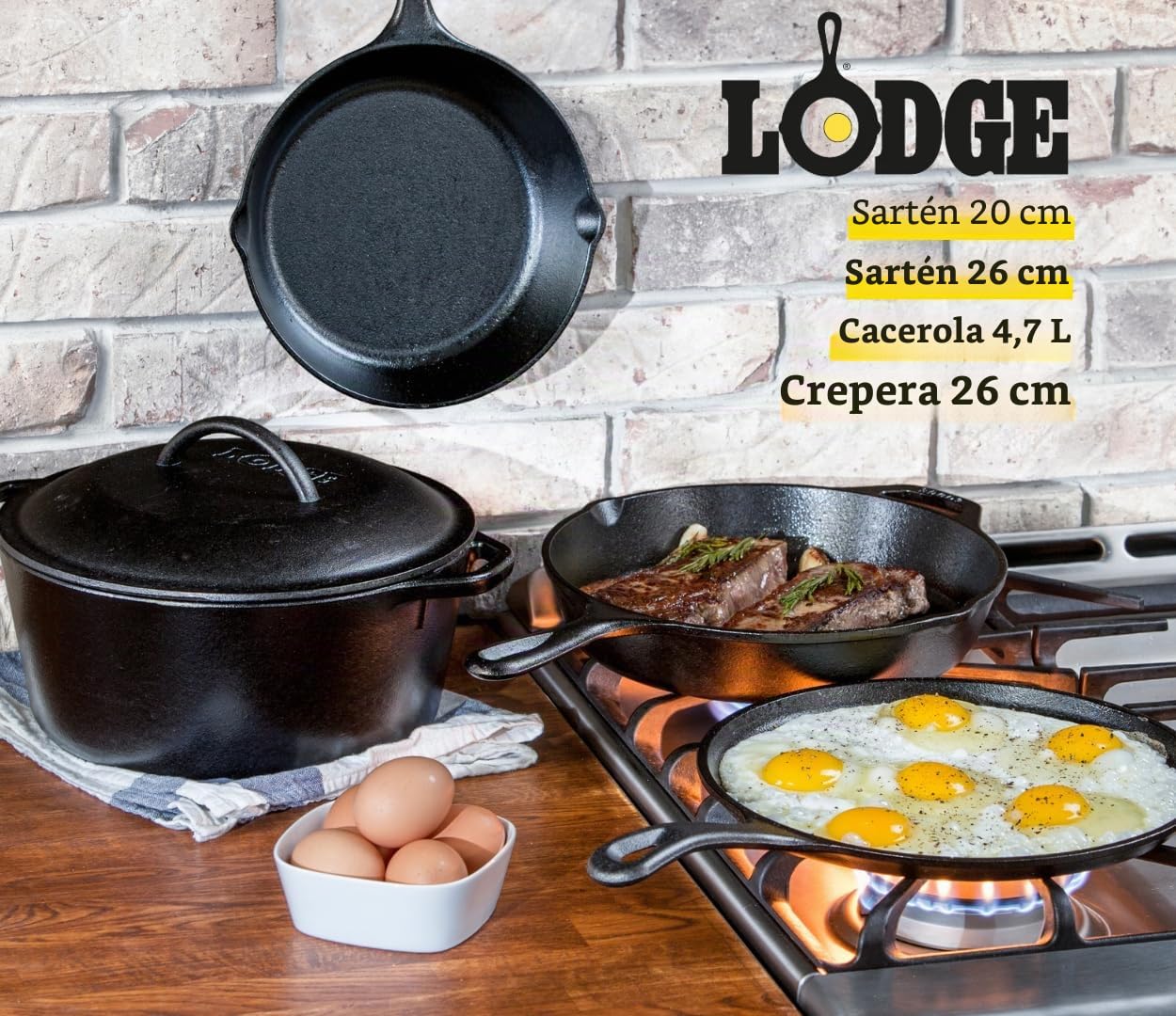 LODGE Juego de 5 piezas de hierro fundido pre-sazonado, color negro
