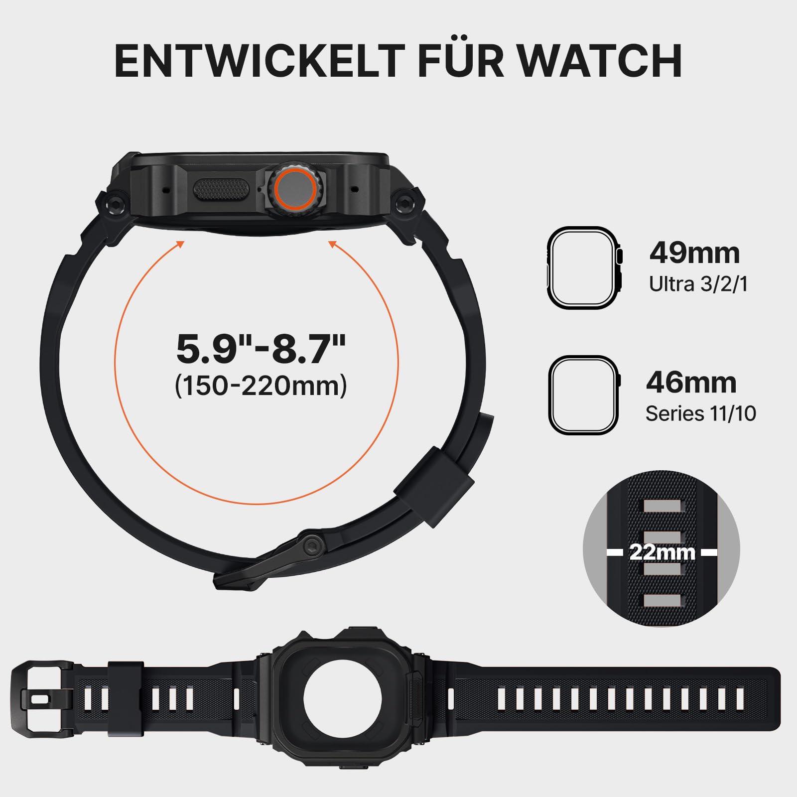 Bandletic Schutzhülle mit Armband Kompatibel mit Apple Watch 49mm/46mm | Sportarmband Kompatibel mit Apple Watch Ultra 3/2/1(49mm,mit Displayschutzglas),Ersatzarmbänder für iWatch Series 11/10(46mm)