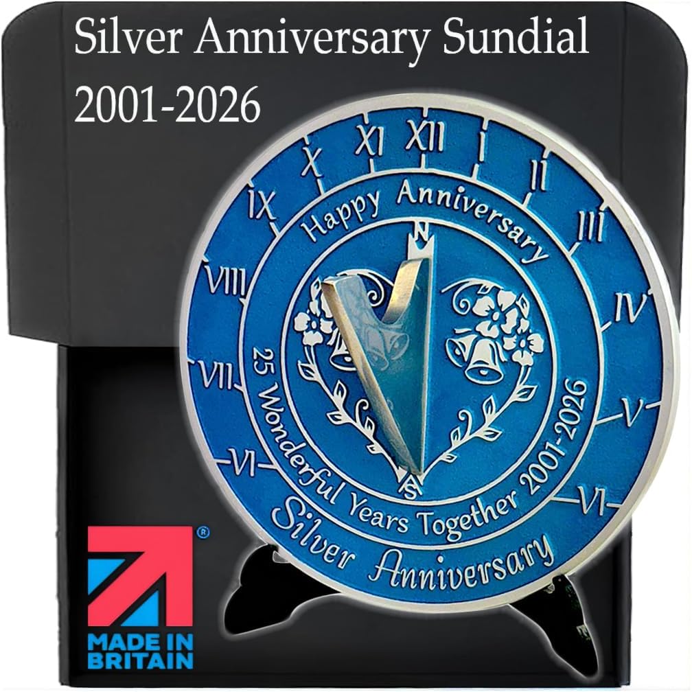 Anniversary Sundial Gift for 25th Silver Wedding Anniversary in 2026 - Recycled Metal Home Decor Or Garden Present Idea - Handmade in UK for Him, Her Parents Or Couples 25 Year Celebration