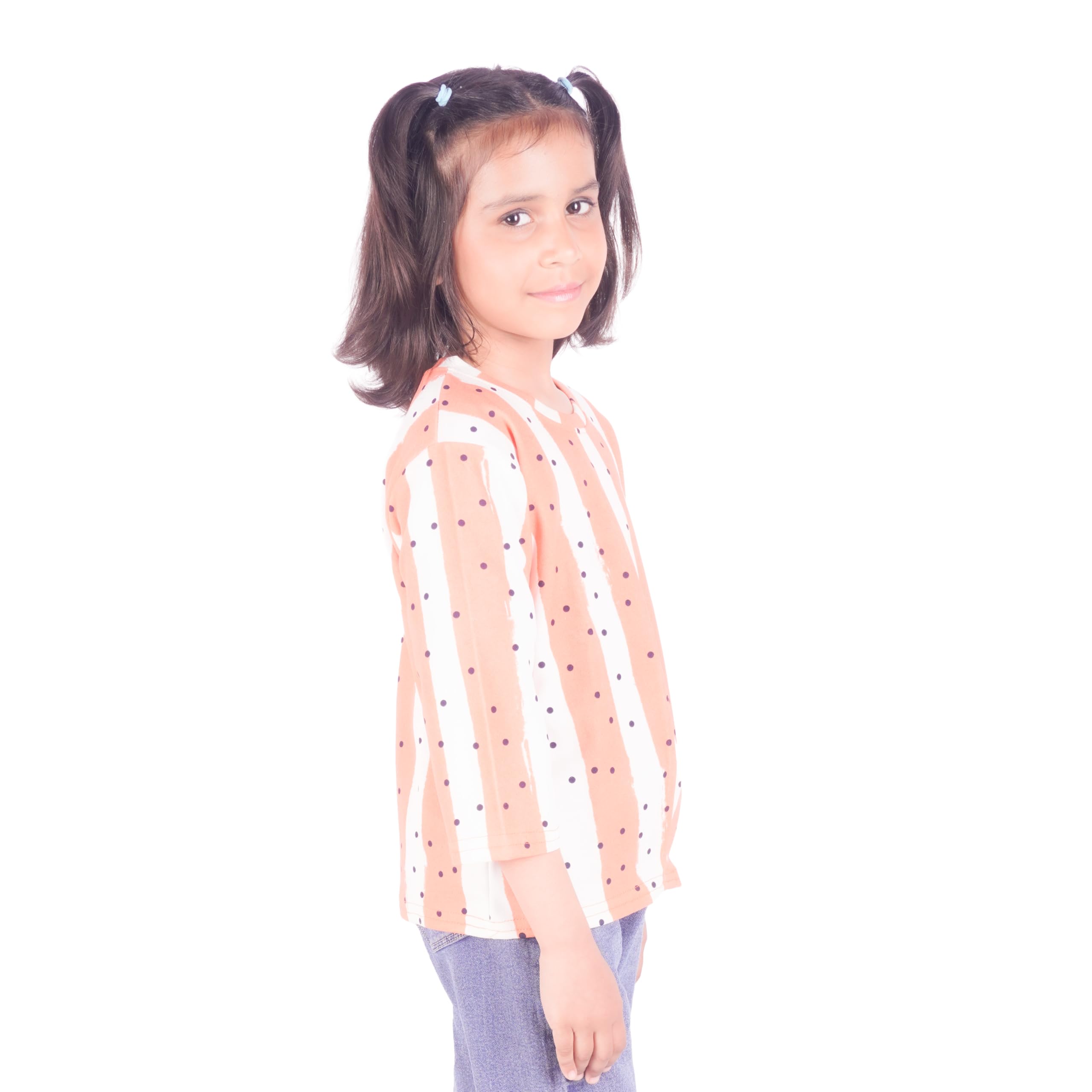 AURA STITCH Girls Peach Printed Cotton Top | 3/4 Sleeve Casual T-Shirt for Kids | Soft Round Neck Everyday Wear Top 2