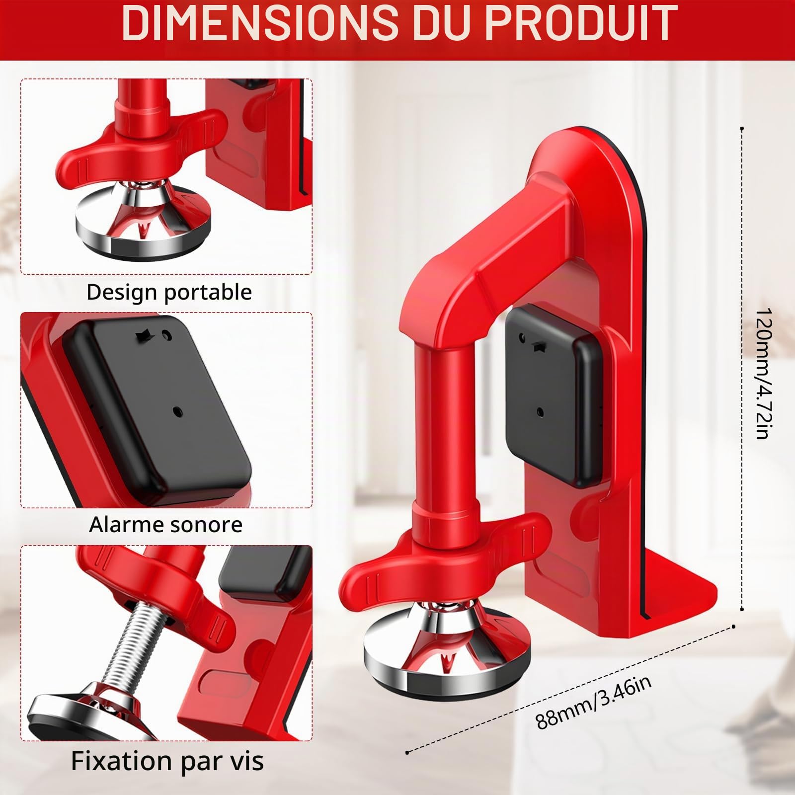 Lot de 2 Butoir de Porte Alarme, Bloque-portes Portable Dispositif de Sécurité pour la Maison, l'hôtel, les Voyages et la Protection Personnelle, Butée de Porte Réglable avec Alarme de 80 dB