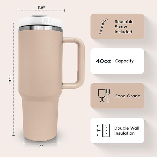 Miniatura 2 de Vaso de 40 onzas con asa y tapa con pajilla, botella de agua reutilizable de acero inoxidable, taza de café de viaje, apta para tazas, té helado,