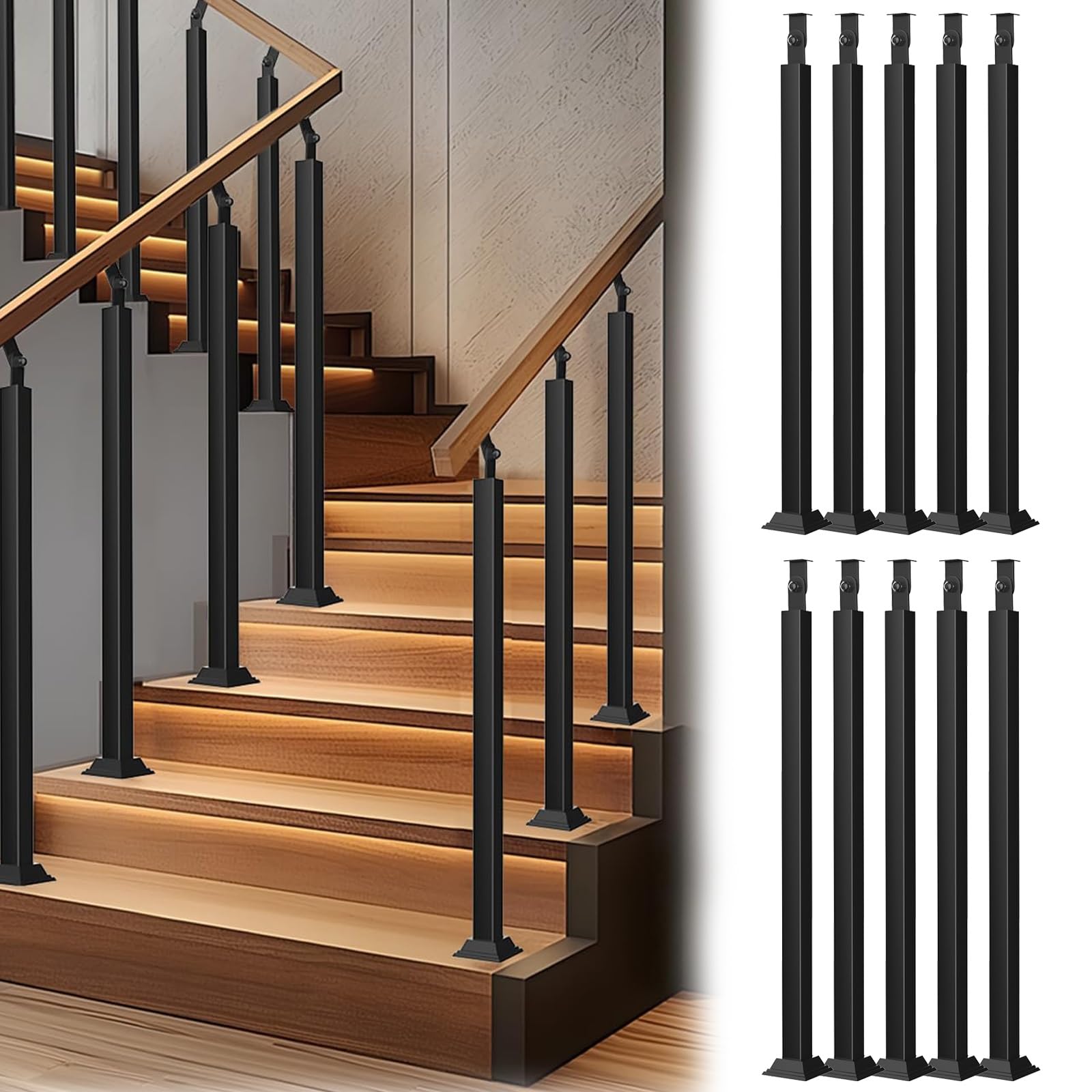 Balustres d'escalier intérieurs en métal 90 cm, barreaux carrés de kit main courante noir