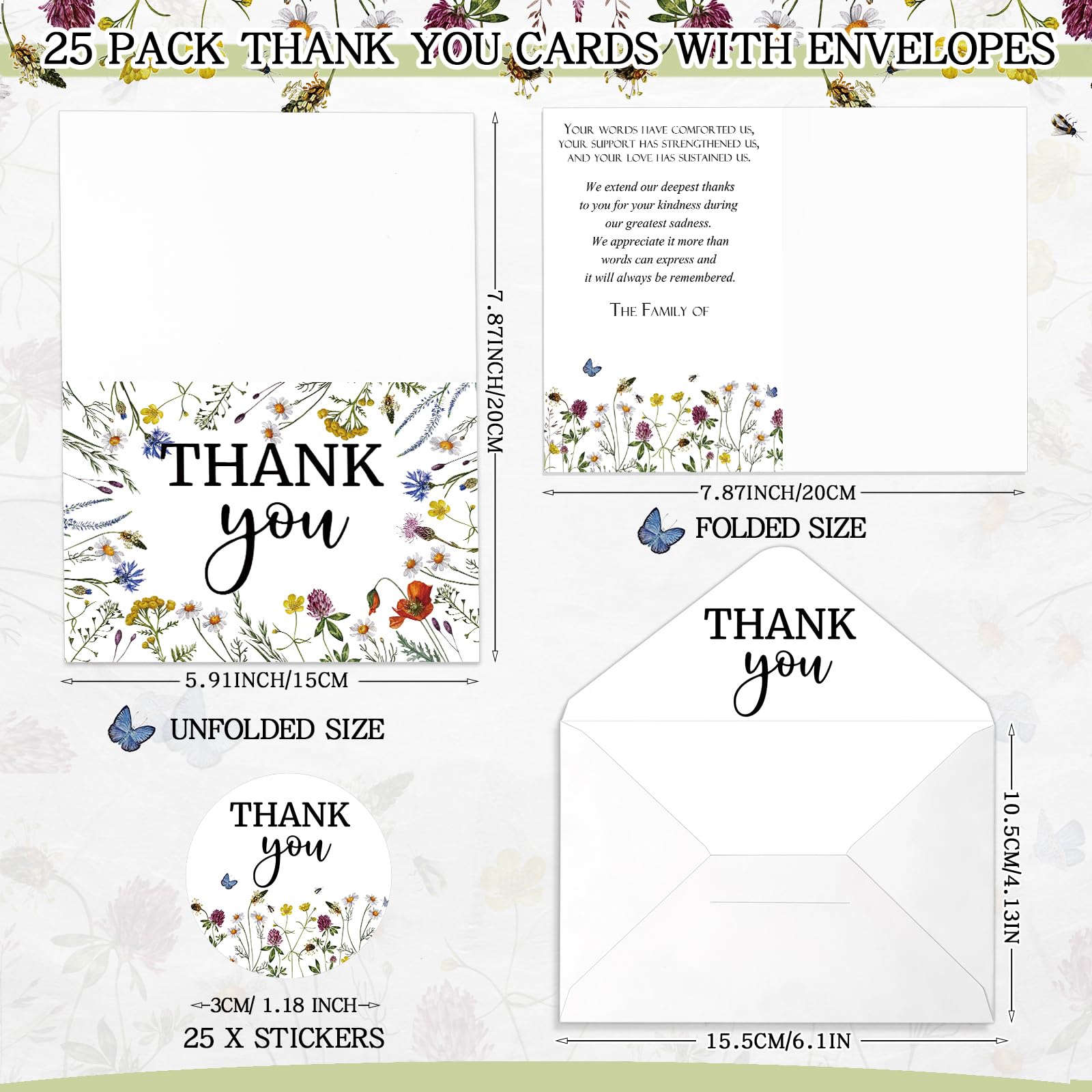 Marspark Paquete de 25 tarjetas de agradecimiento de condolencias, tarjetas de agradecimiento funerarias con sobres y tarjeta conmemorativa con mensaje con calcomanía, tarjeta de duelo para
