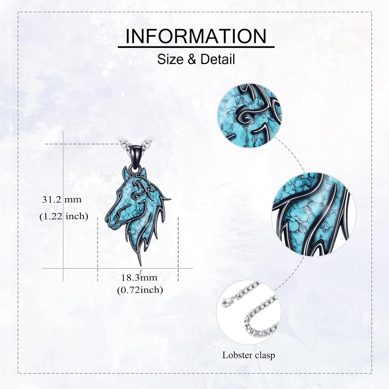 Horse Necklace 925 Sterling Silver Created Turquoise Horse Head Pendant Necklace Turquoise Jewelry Gifts for Women Men - Image 3