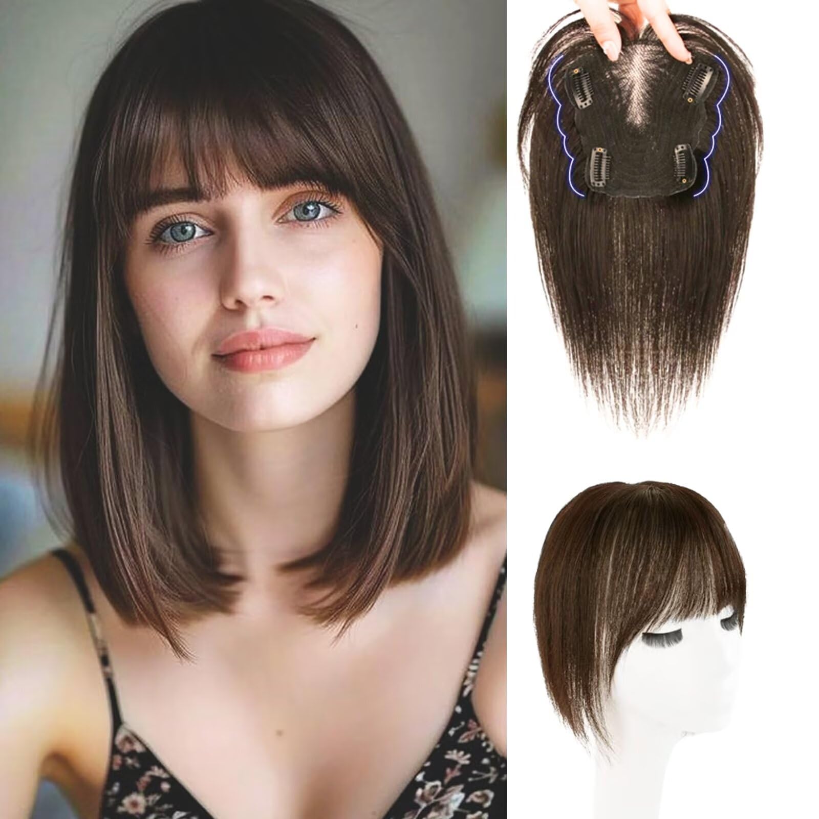 RUNRAYAY 10Inch Bangs Hair Clip in Bangs Hair Toppers for Women with Bangs Real Human Hair Clip On Bangs for Women Wispy Fack Bangs 360°Cover Lace Topper Bangs for Daily Wear Light Brown