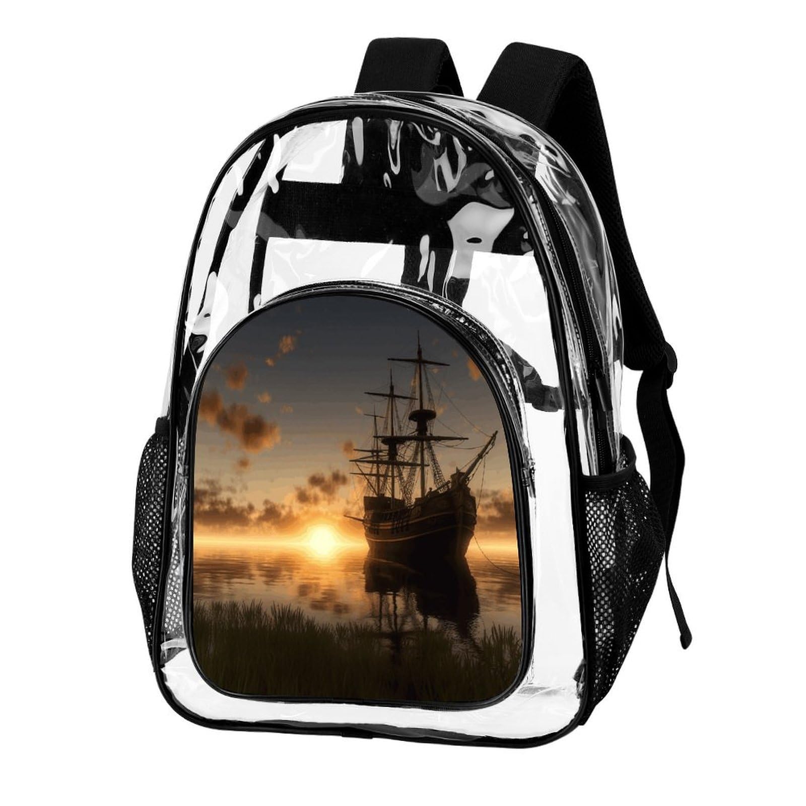 Transparenter Rucksack mit Motiv "Ship in The Lake Sunset", groß, transparent, PVC, Büchertasche für Sicherheit, Arbeit, Reisen, Stadion