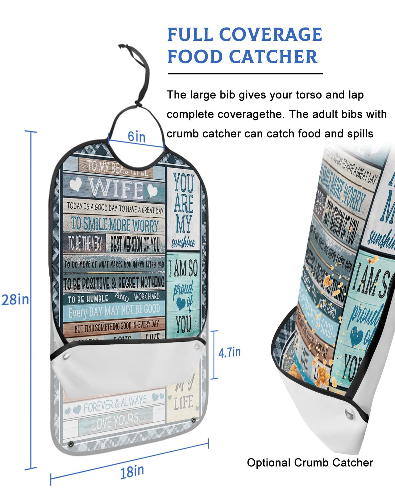 Gift for Wife Adult Bibs for Eating, Waterproof Bibs with Food Catcher & Adjustable Snap Closure, Farmhouse Wooden Words Black Plaid Washable Clothing Protectors Adult Bibs for Elderly Women/Men