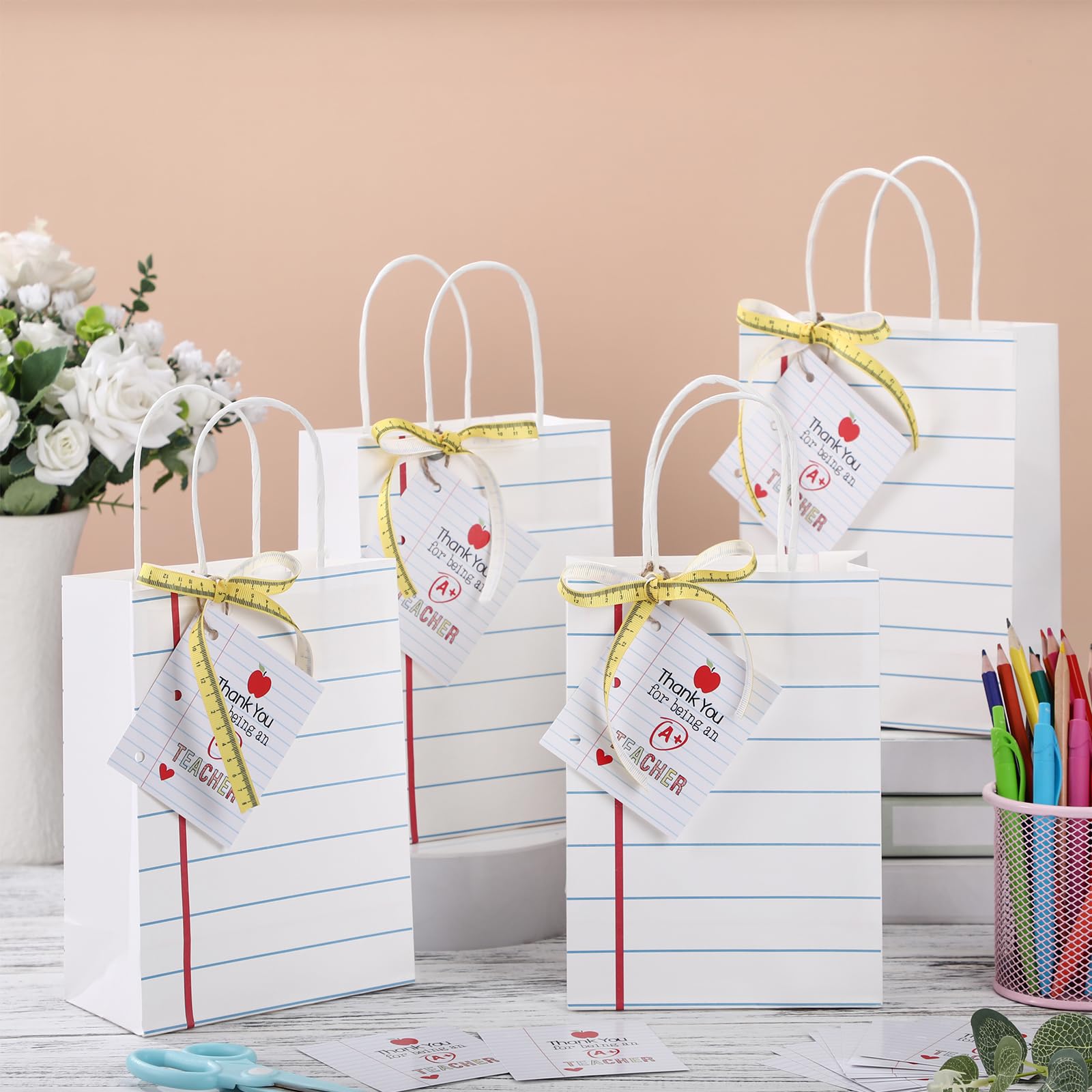 Gilprop 12 Pcs Teacher Appreciation Gift Bags with Paper Tag Thank You Teacher Gift Bags with Handle End of Year Gifts with Tape Measure Ribbon for Graduation Party Favor(Notebook,White)
