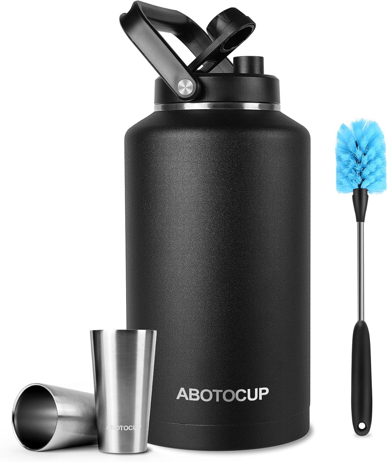 2 Gallon Water Jug with Wide Mouth, 256oz Insulated Water Bottle Keep Cold24h&Hot12h, Comes with Ergonomic Handle, Two Double Walled 16oz 18/8 Stainless Steel Cups Thermo Canteen Mug