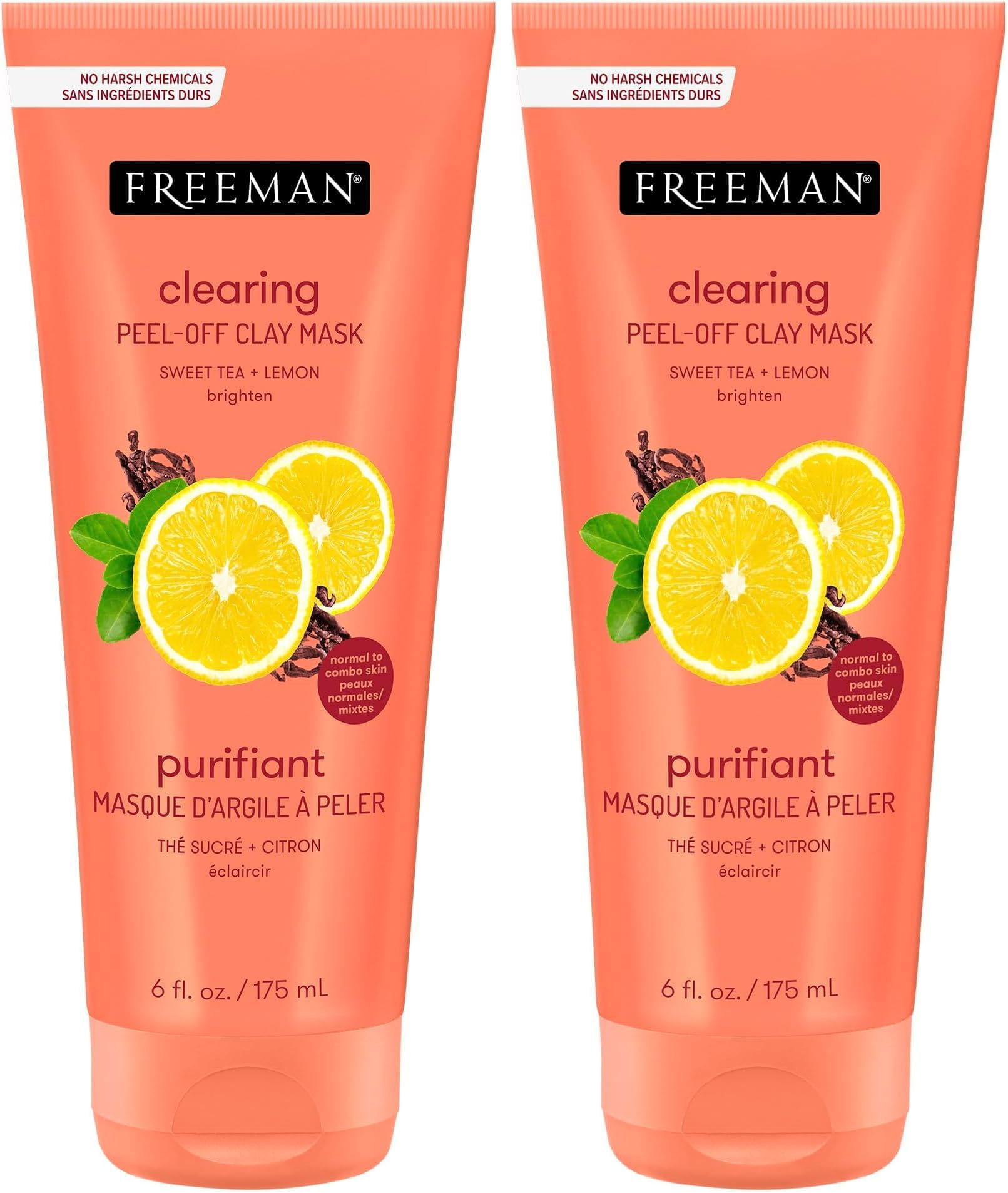 FREEMAN Clearing Sweet Tea & Lemon Peel-Off Clay Facial Mask, Antioxidant Rich Skincare Treatment, Protects Skin and Lightens Dark Spots, Face Mask Perfect For Combination Skin, 6 (Pack of 2)