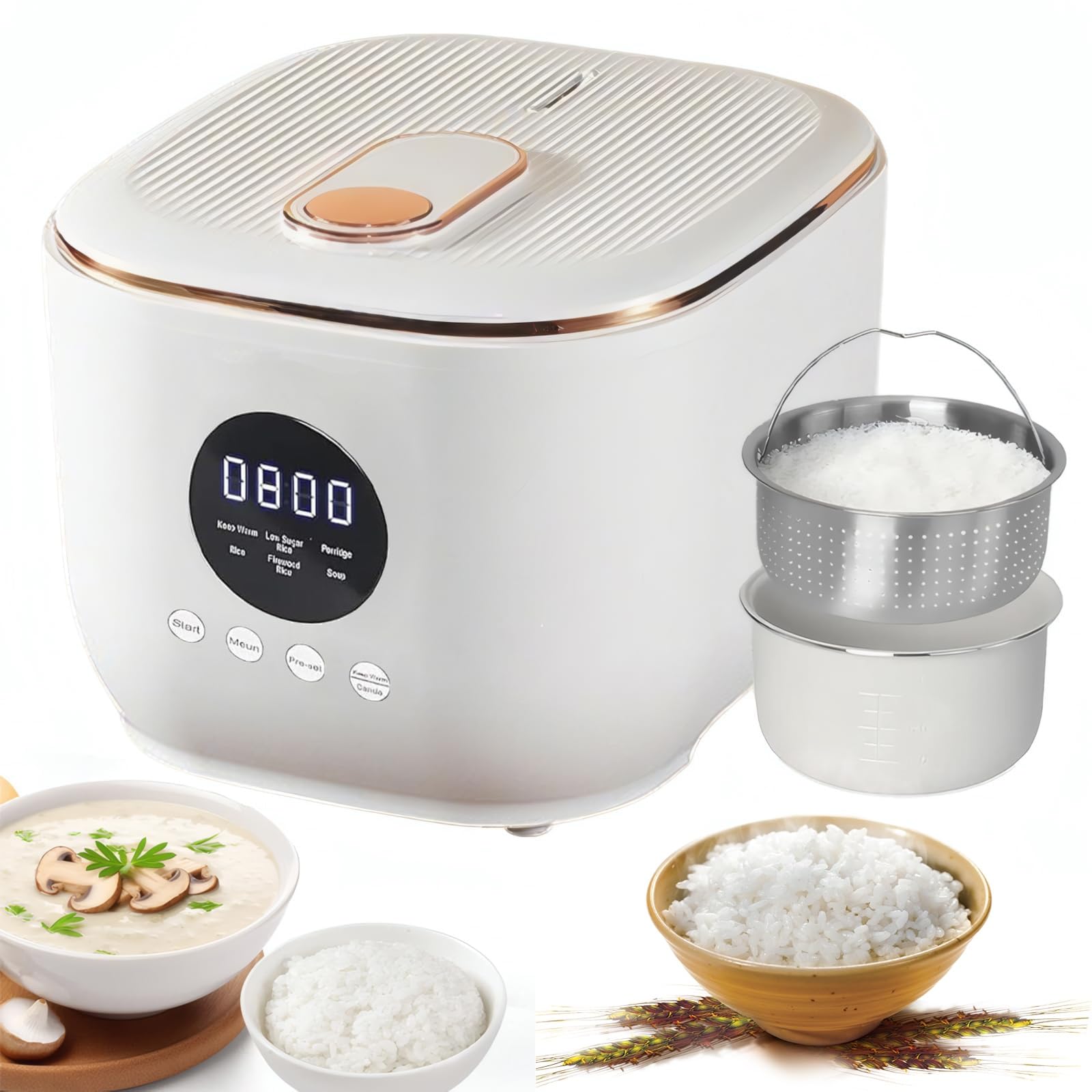 Cuociriso Intelligente, Pentola Interna Antiaderente Da 3 Litri, Cuociriso A Basso Contenuto Di Zuccheri, Vaporiera Digitale 5 In 1 Per Porridge, Timer Con Avvio Ritardato Di 24 Ore