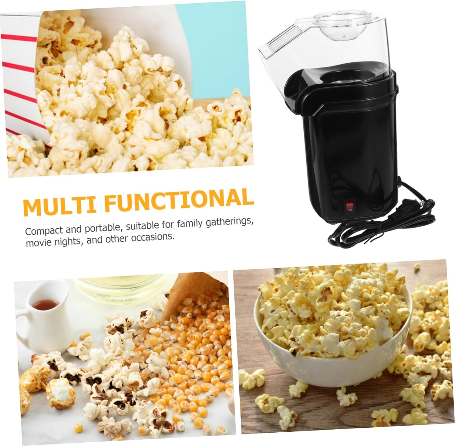 ABOOFAN 110V Electric Hot Air Popcorn Machine Mini Automatic Popcorn Maker for Home Use with Measuring Scoop for Movie Nights and Parties