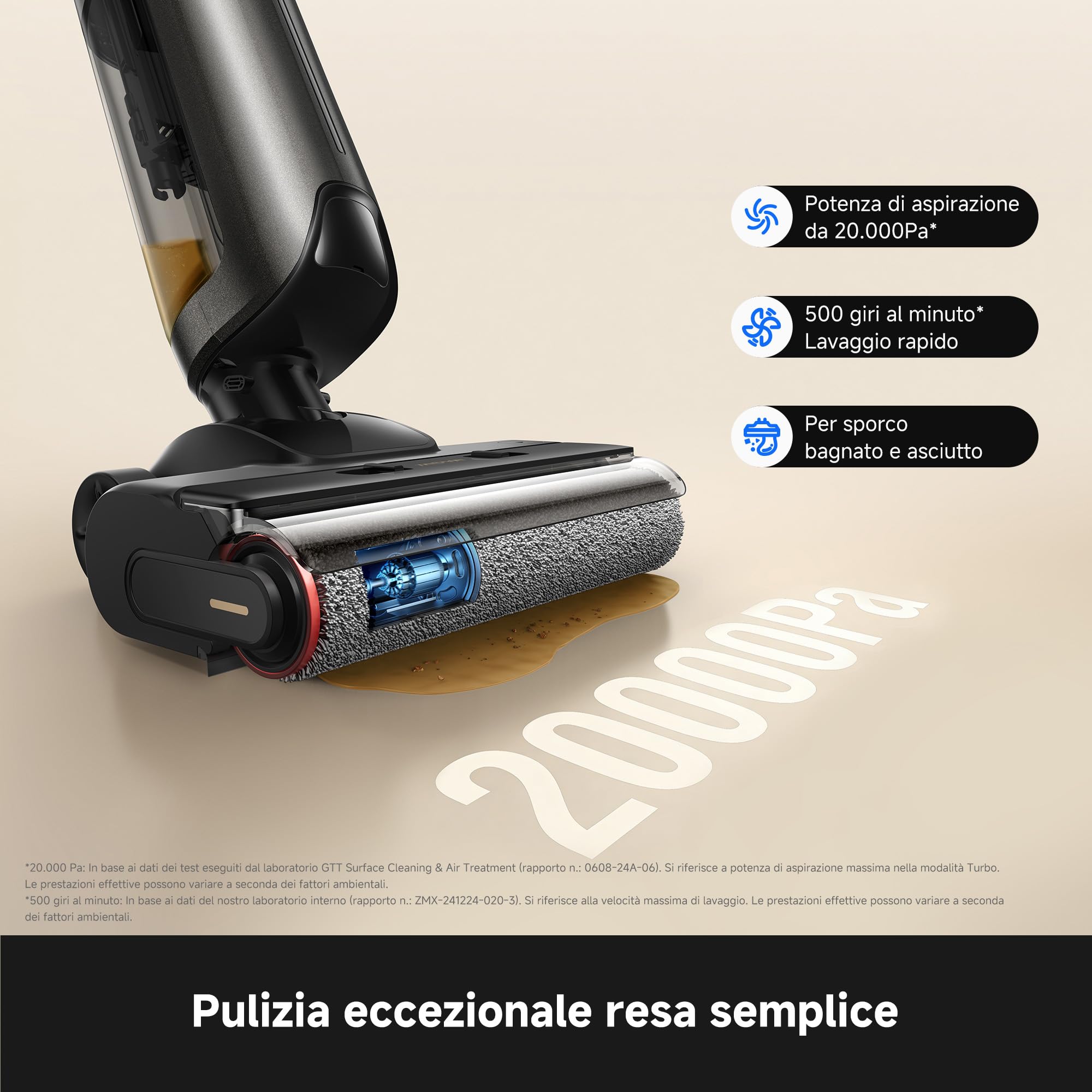 Mova M10 Air Set scopa aspirapolvere lavapavimenti, aspirazione da 20.000 Pa, auto-pulizia con asciugatura ad aria calda (60 °C), design piatto a 180°, pulizia su due lati a 500 giri al minuto