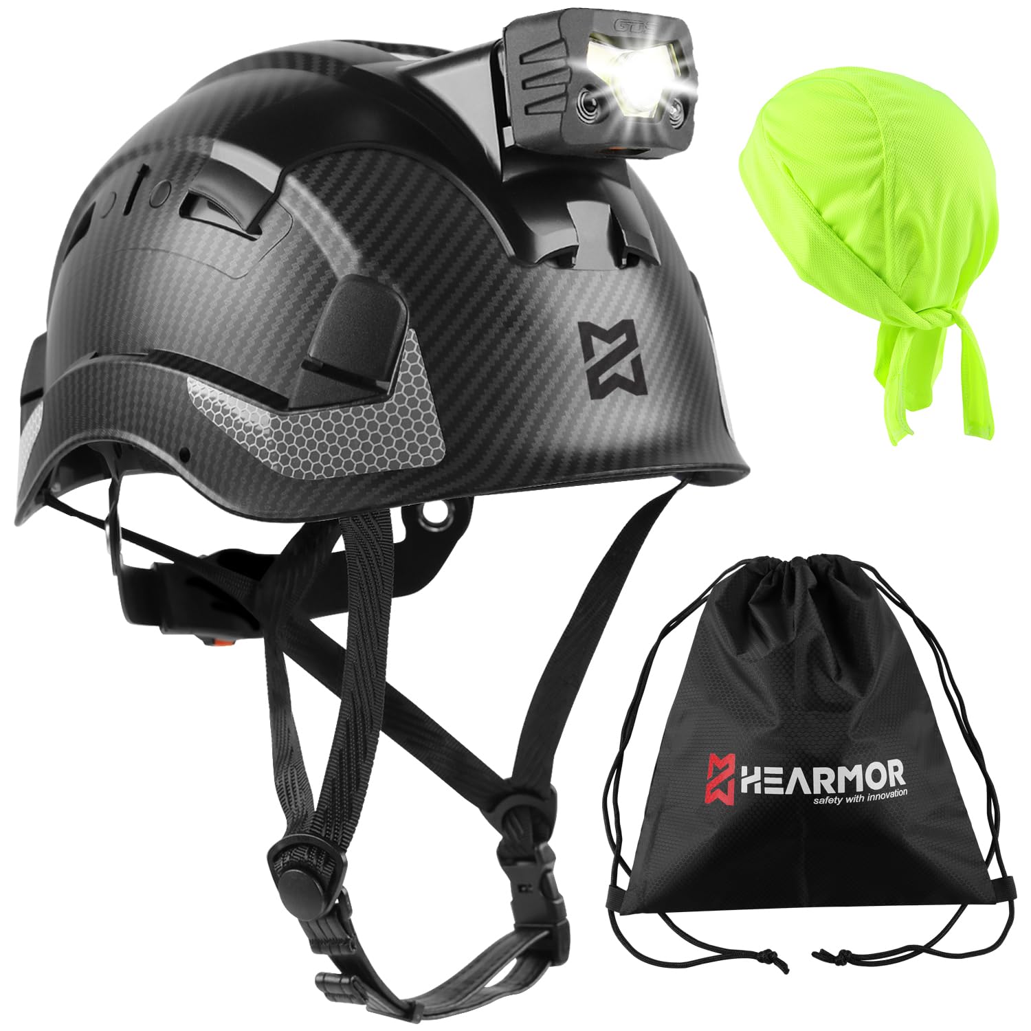 HEARMOR Casco industriale per adulti con faro a LED, con certificazione EN12492, certificazione EN12492, assorbimento degli urti e resistenza alla penetrazione EN397