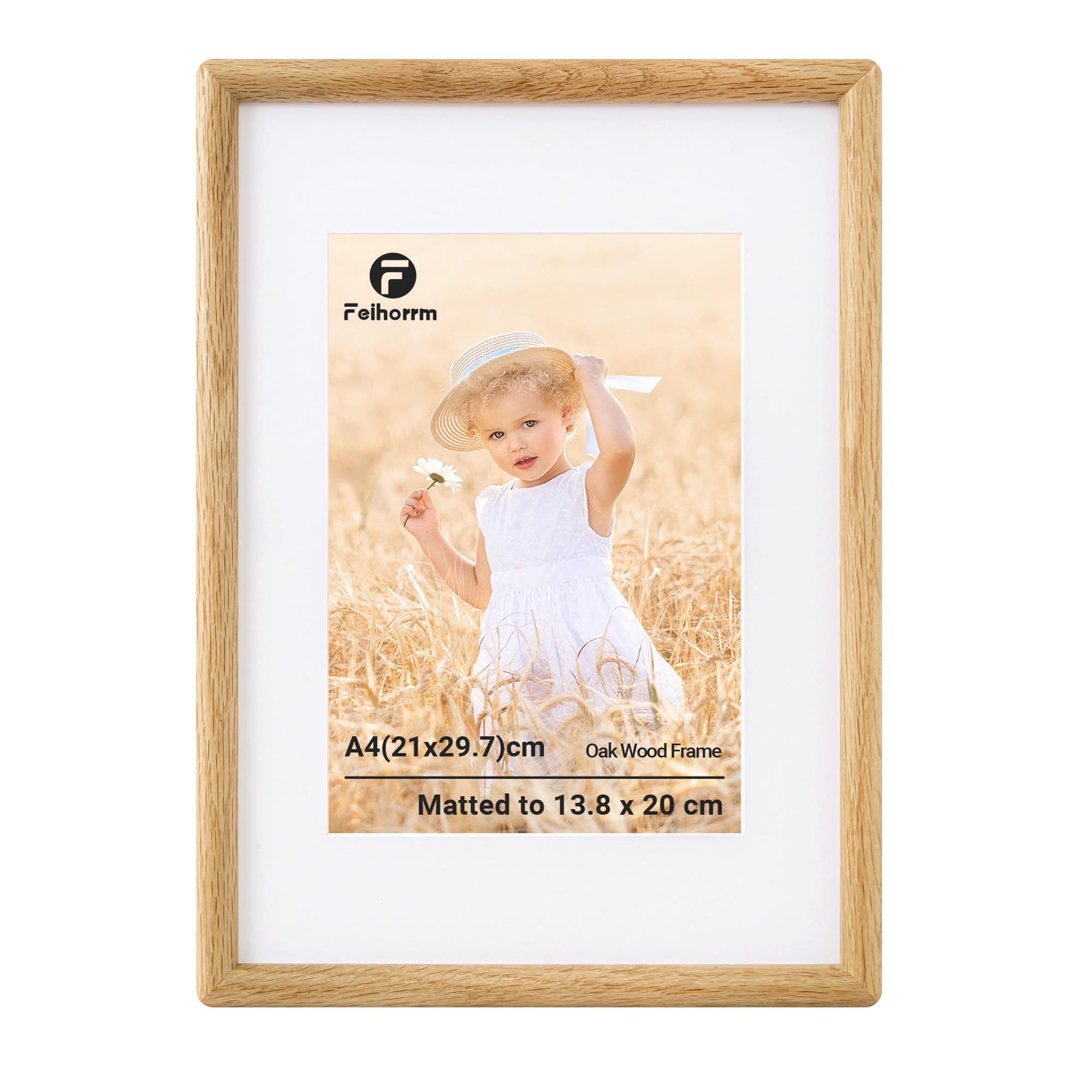 Feihorrm A4 Frame, Oak Solid Wood Picture Frame, A4(21x29.7 cm) Photo Frame Matted to 13.8x20 cm Photos, Handcrafted Rounded Corners with HD Tempered Glass, Tabletop & Wall Mount Display