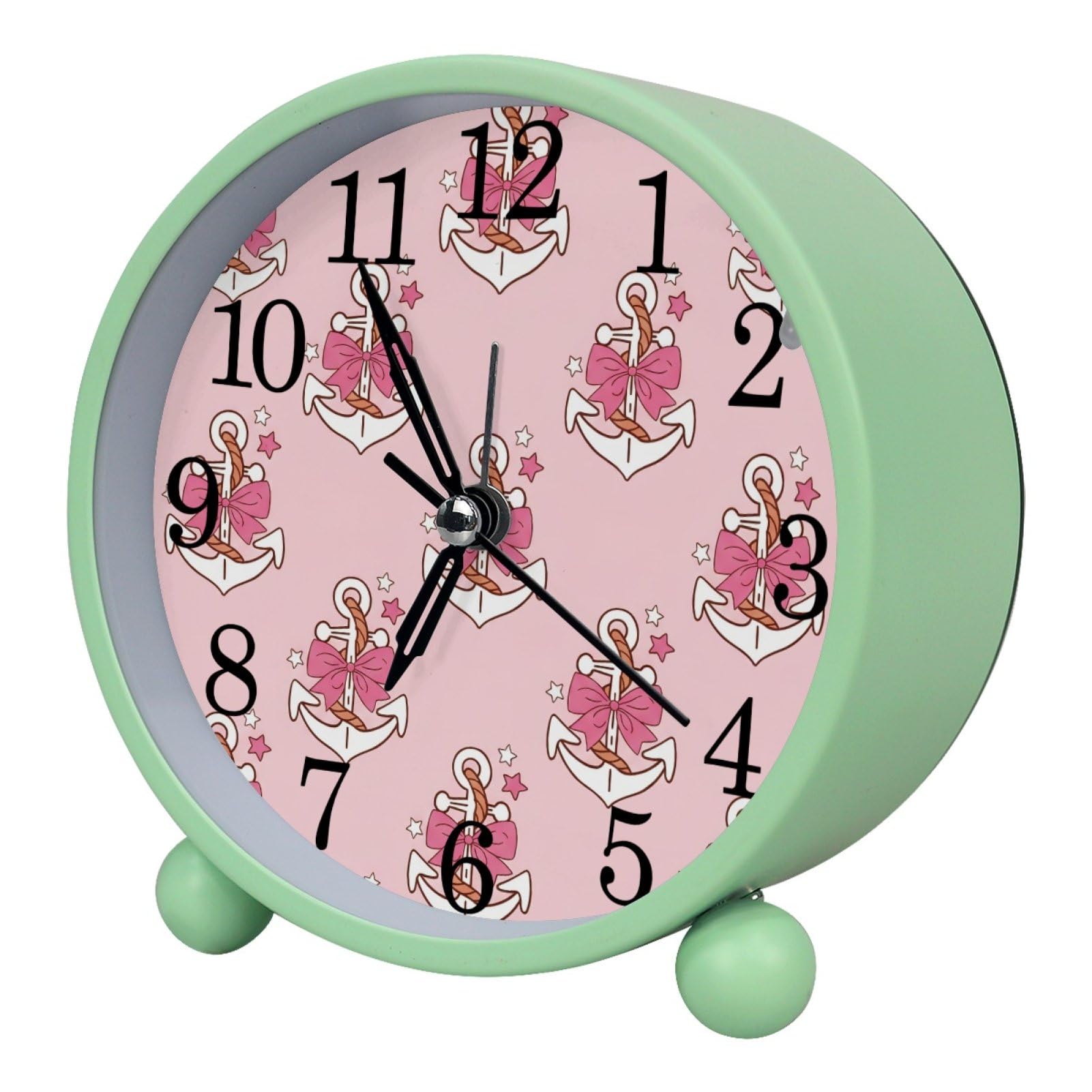 etoenbrc Pink Anchors Round Battery Operated Bedside Alarm Clock Non-Ticking Desktop Silent Analog Alarm Clock with Light